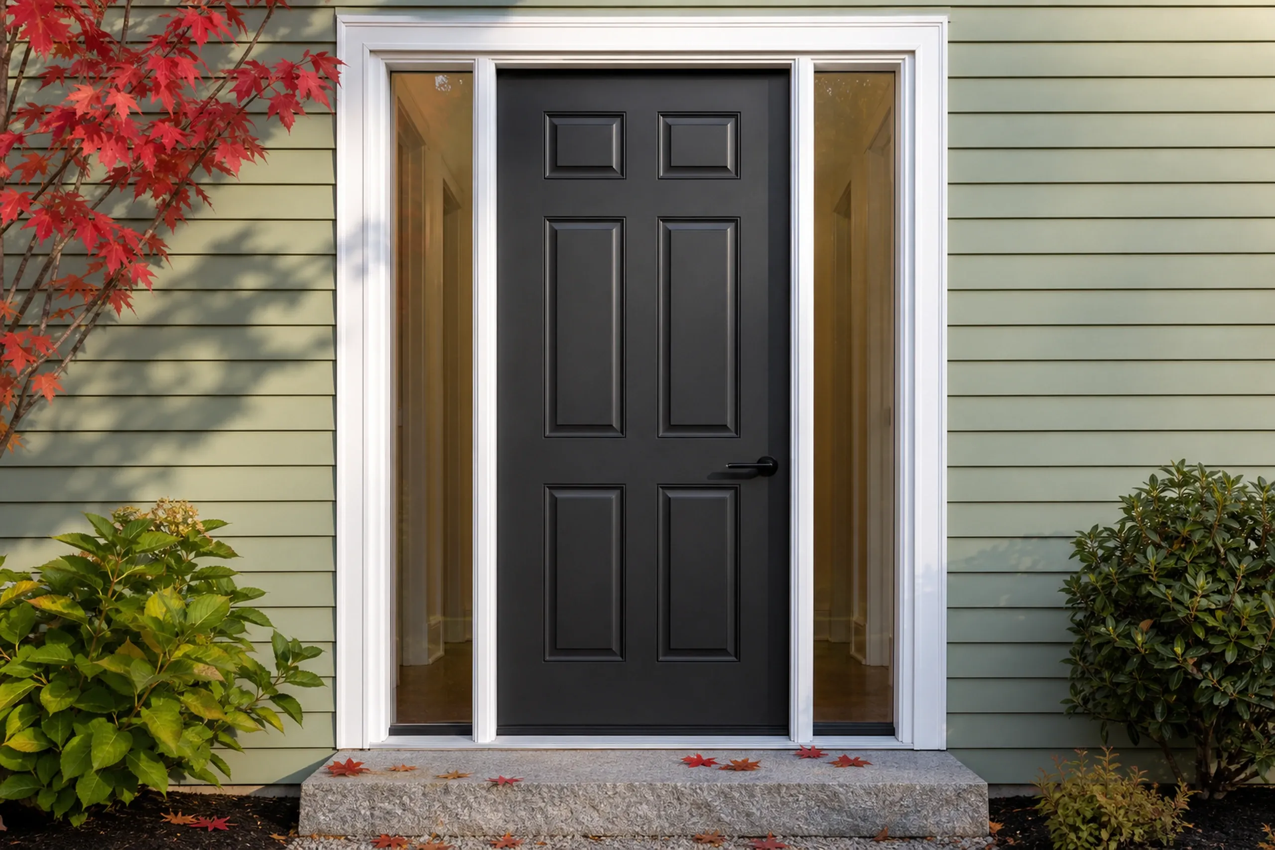 Window replacement in Camden: black six-panel front door with a tall glass sidelight on each side in white trim, a granite step scattered with red maple leaves in autumn