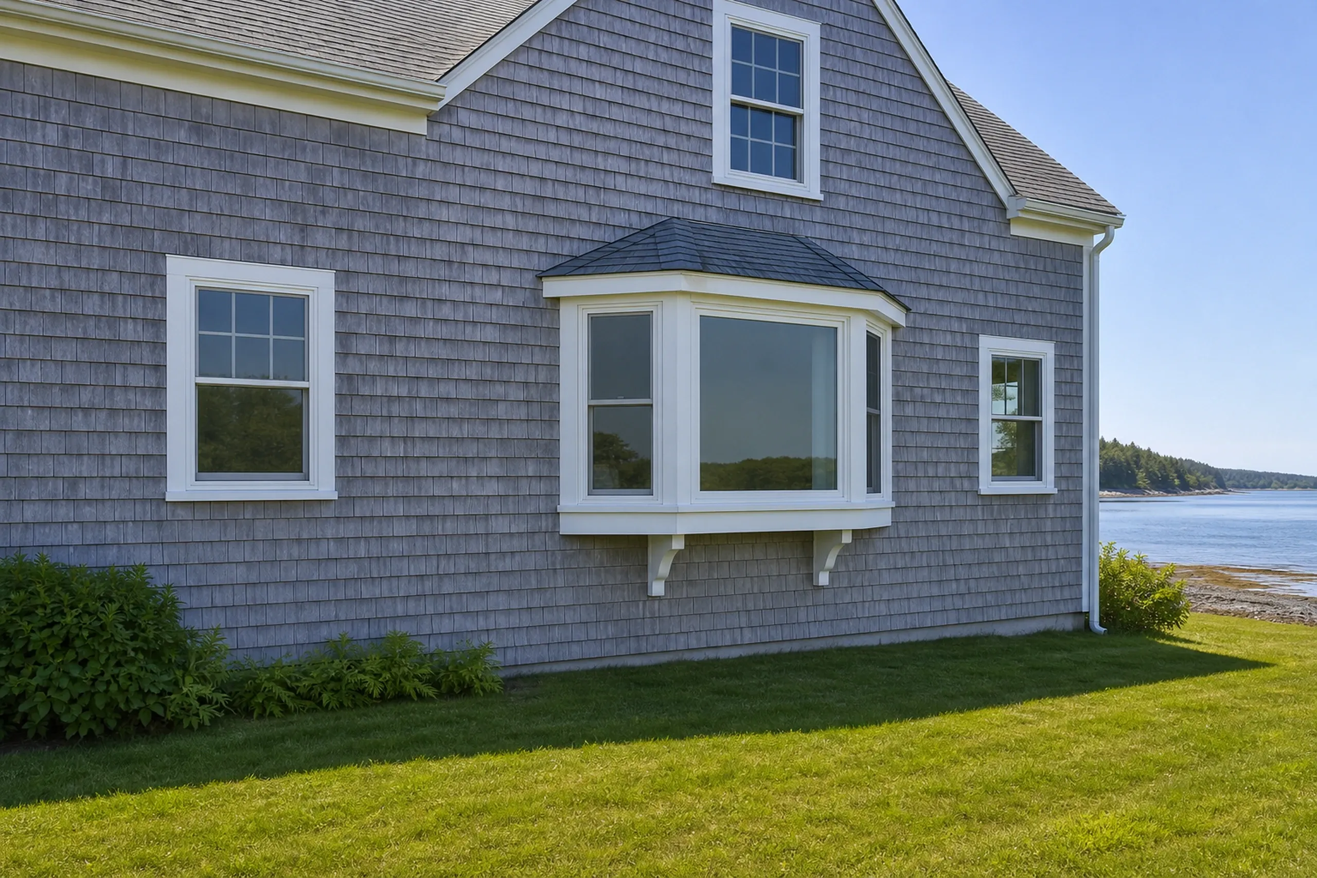 Window replacement in Cushing: gray cedar-shingled gable wall with a small bay window under a dark hood and gridded double-hung windows, lawn and shoreline at right