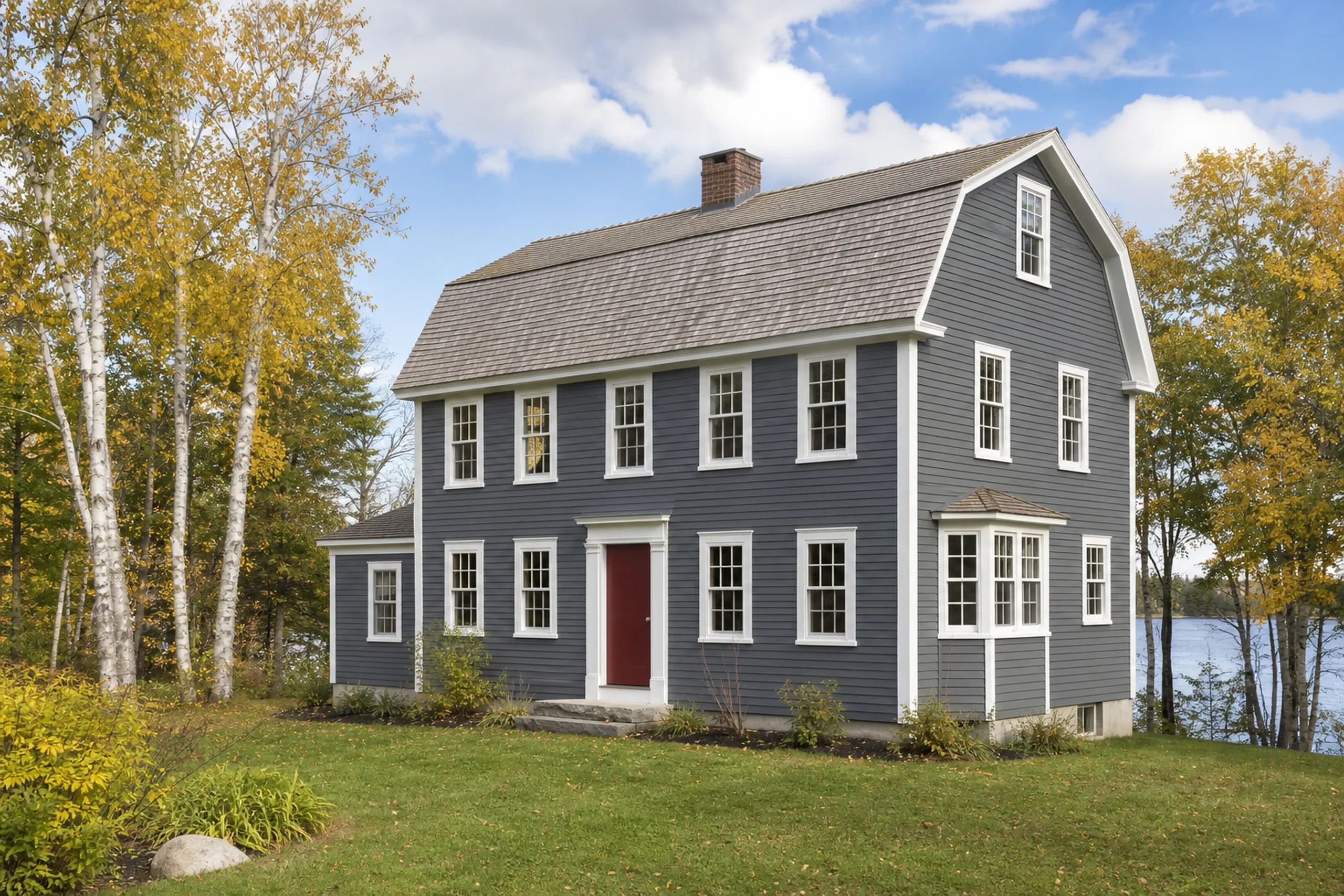 Window replacement in Cushing: dark blue-gray gambrel-roof house with a red front door, white-trimmed windows and a small bay, yellow-leaved birches and a lake in autumn