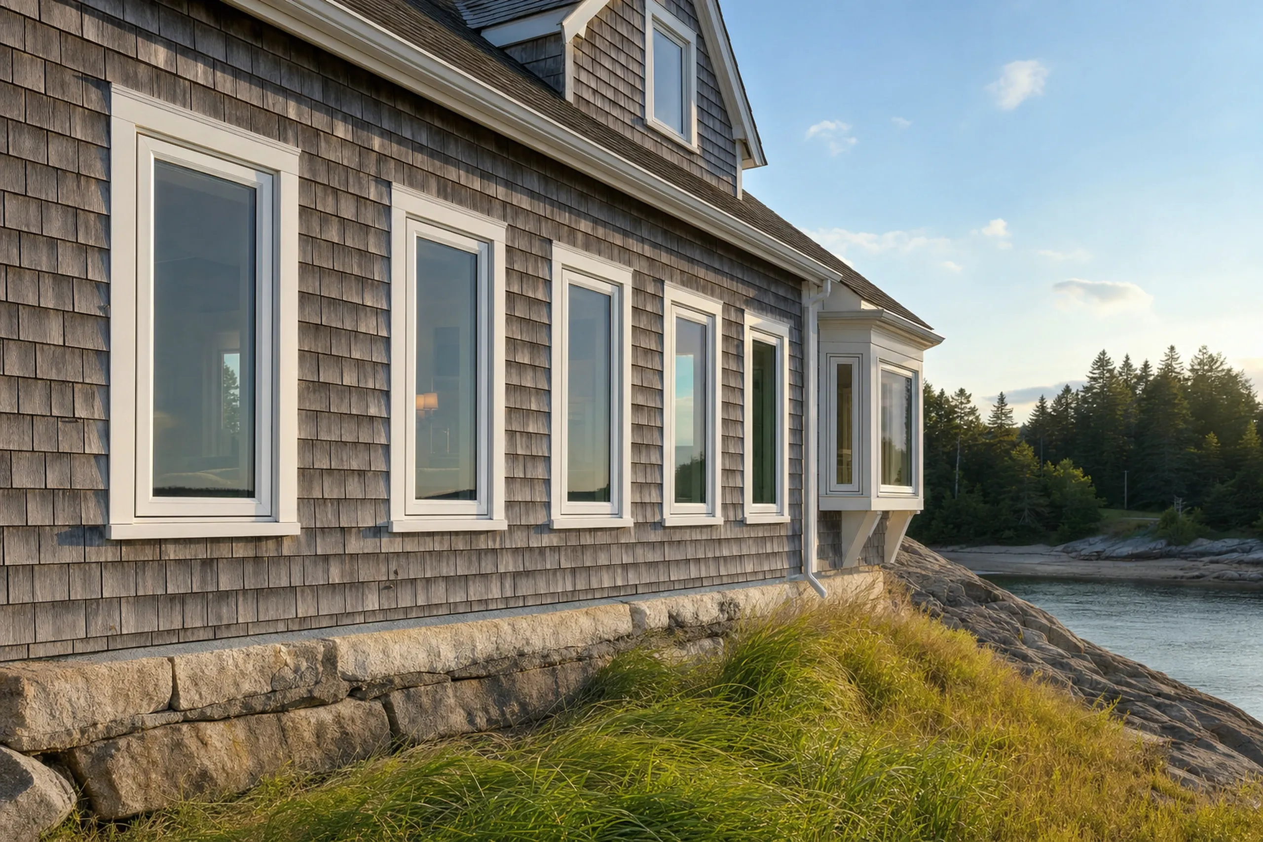 Window replacement in Cushing, ME: row of five tall white-framed windows on a weathered cedar-shingled wall above a granite foundation, with beach grass, rocks and water