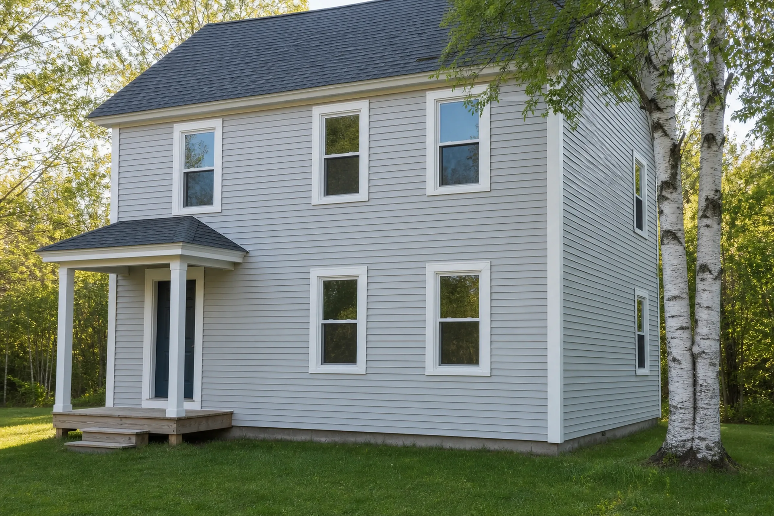 Window replacement in Cushing: two-story house with gray clapboard siding, white-trimmed windows, a small covered porch and dark blue door, beside white birch trunks
