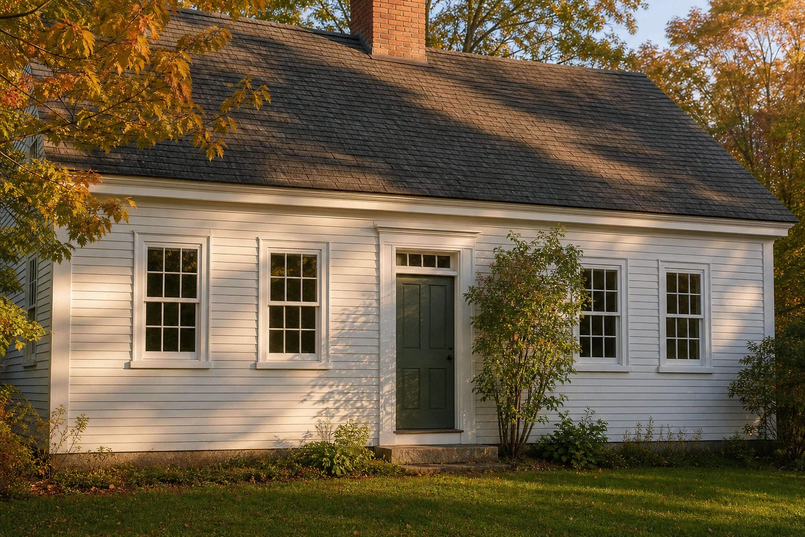 Window replacement in Cushing: low white clapboard cape with a green paneled door, brick chimney and divided-light windows, framed by orange maple leaves in autumn