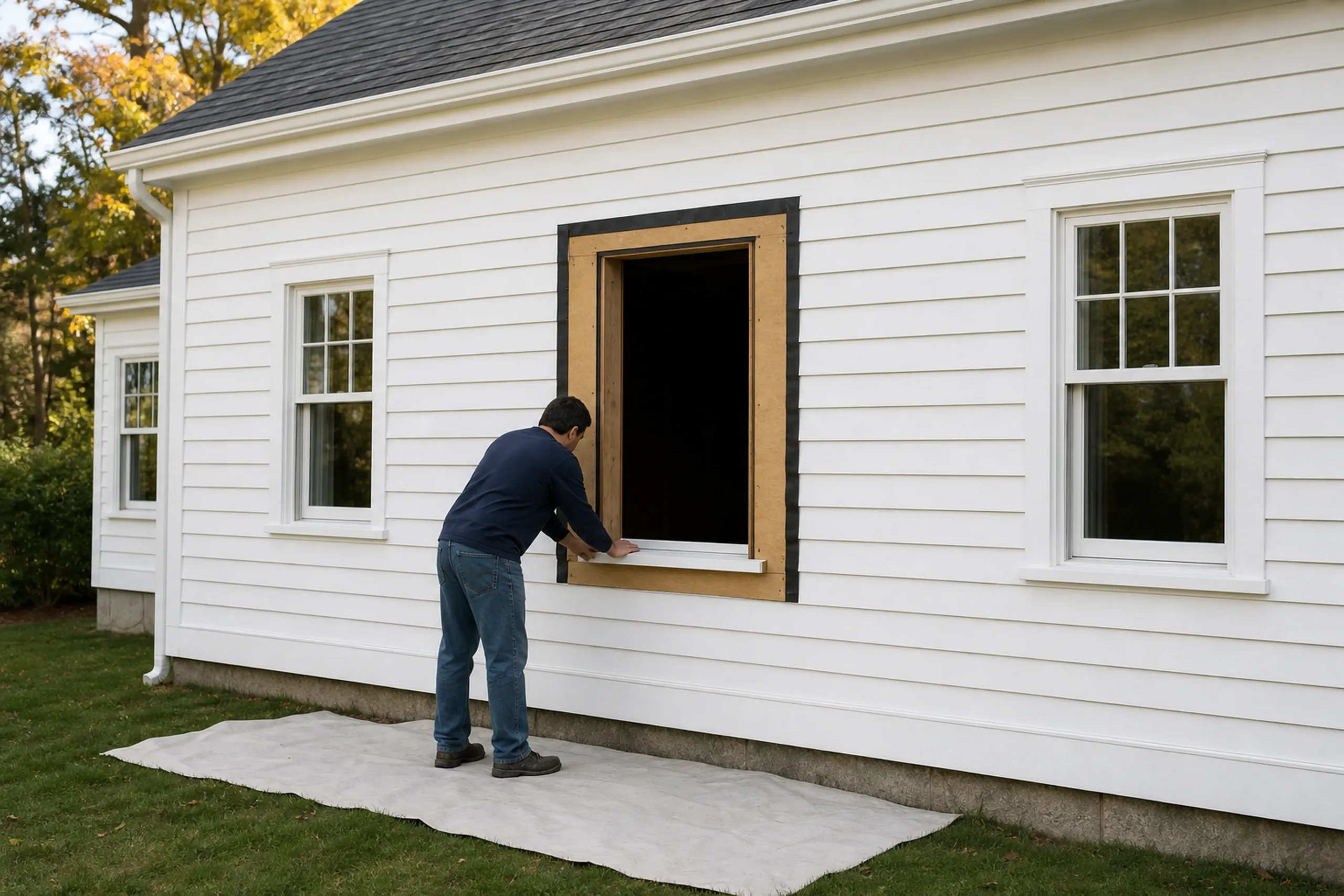 Window replacement in Cushing: A man in a navy sweater and jeans touching the sill of an empty window opening edged with black tape, a pale sheet on the grass below