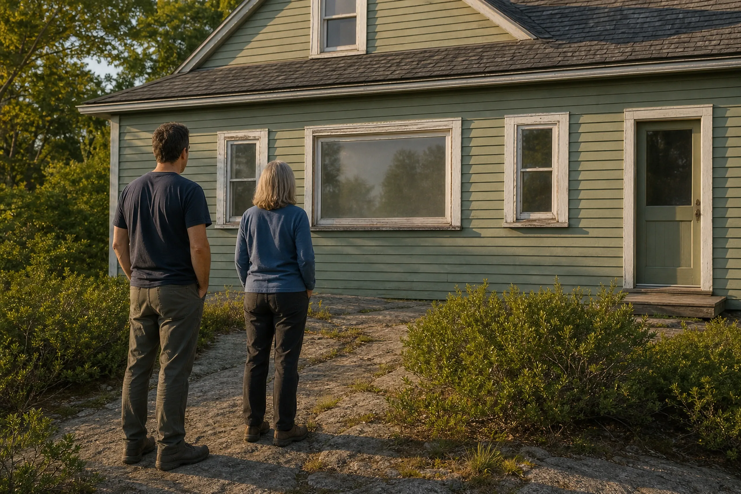 Window replacement in Cushing first visit: two people seen from behind, looking at a sage green clapboard house with worn white window trim, standing on bare rock beside low shrubs