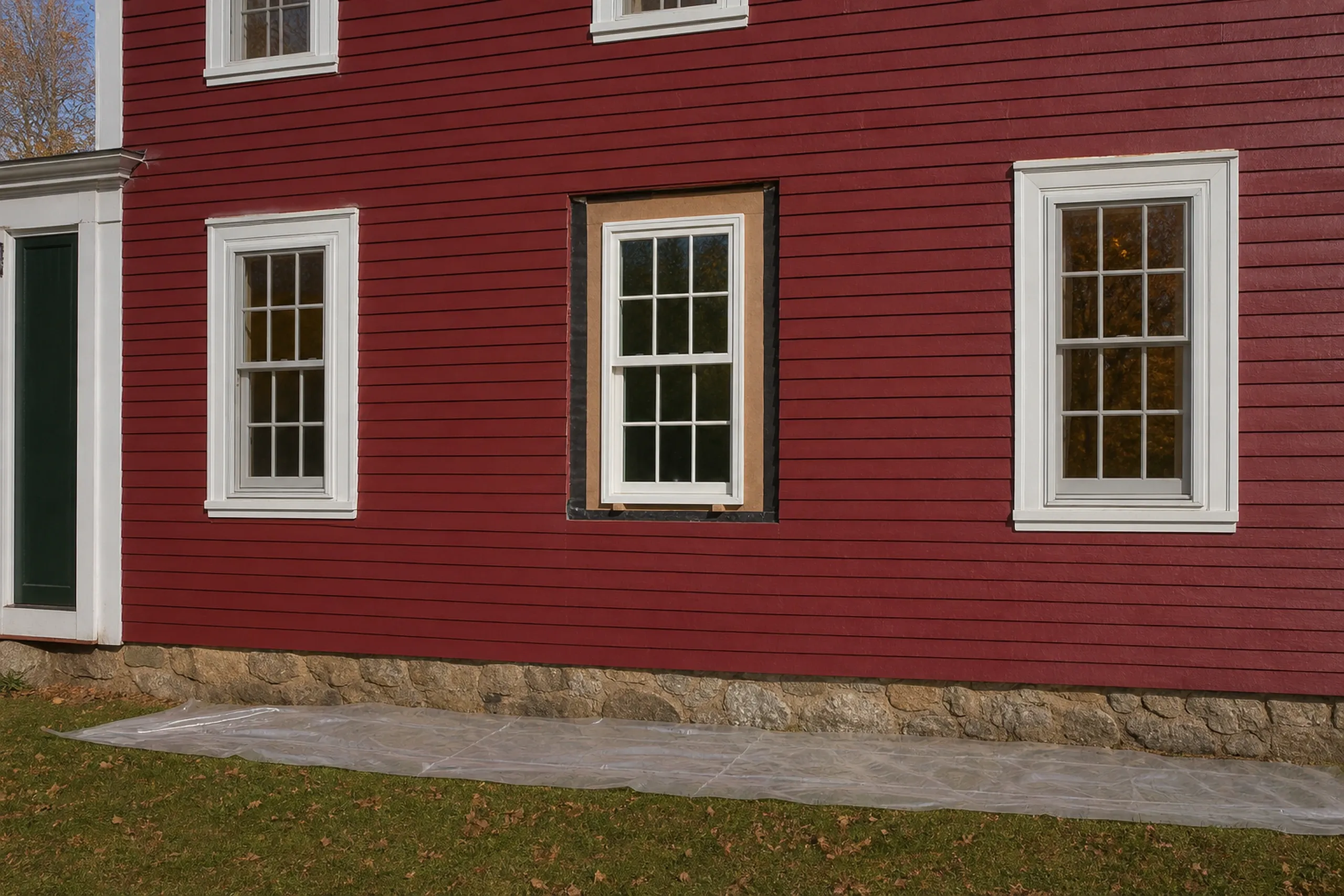 Window replacement in Cushing in progress: red clapboard house on a fieldstone foundation, one white-trimmed window set in an opening edged with black tape, plastic sheeting below