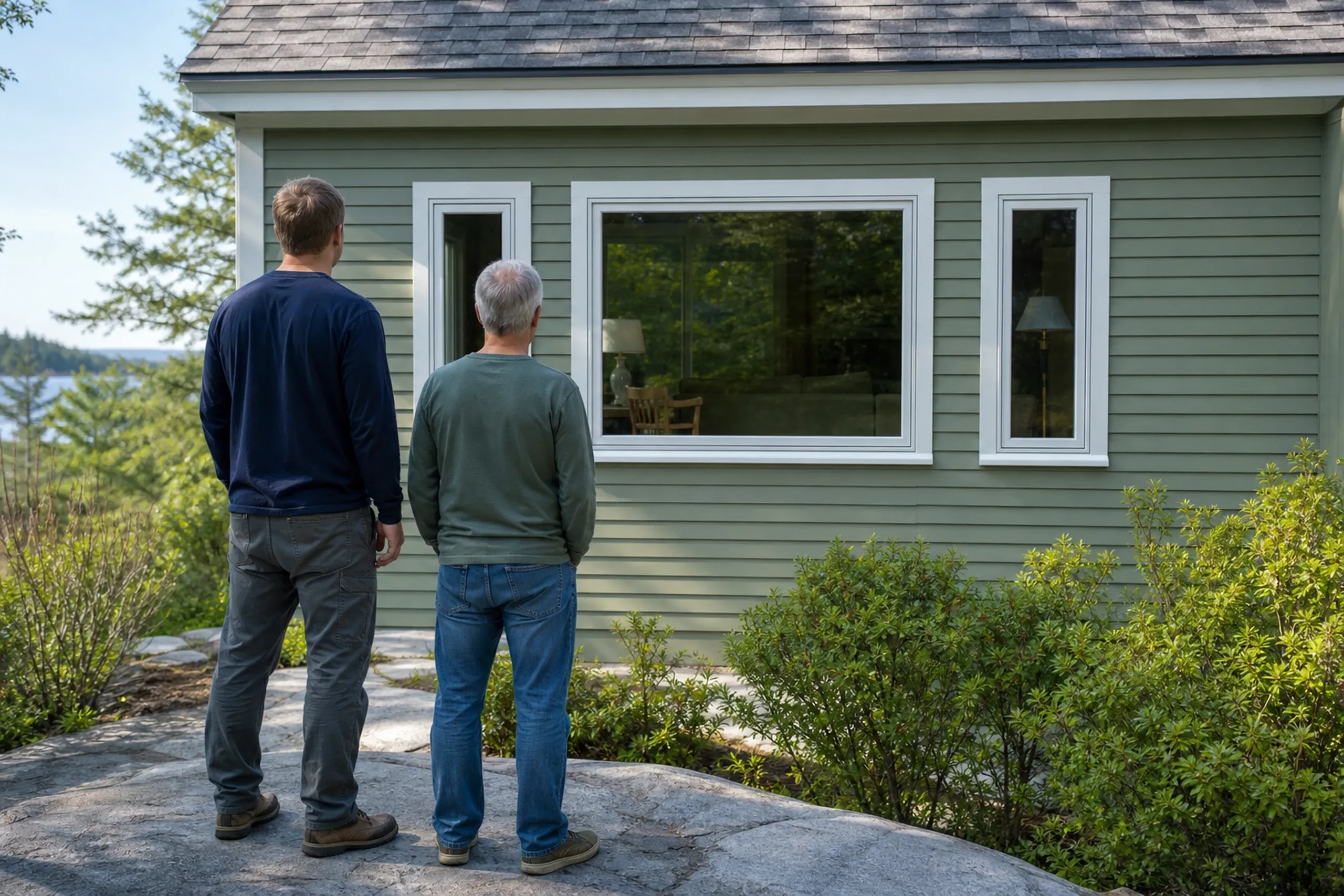 Window replacement in Cushing final walkthrough: two people on granite, one gray-haired, facing a sage green house with a wide picture window and two narrow windows, trees behind