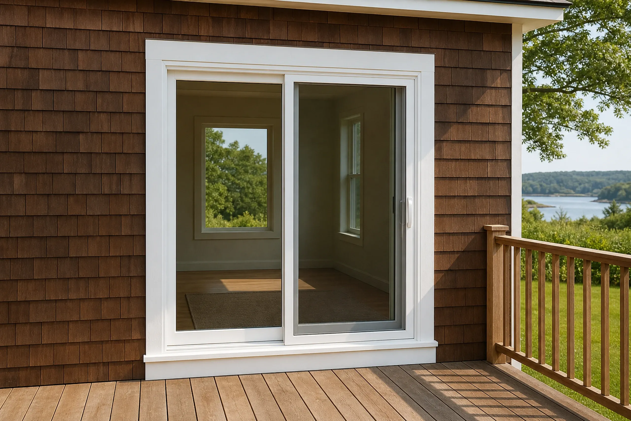 Window replacement in Cushing: white-framed sliding glass door in brown shingle siding beside a wood deck and railing, with a lawn and distant water