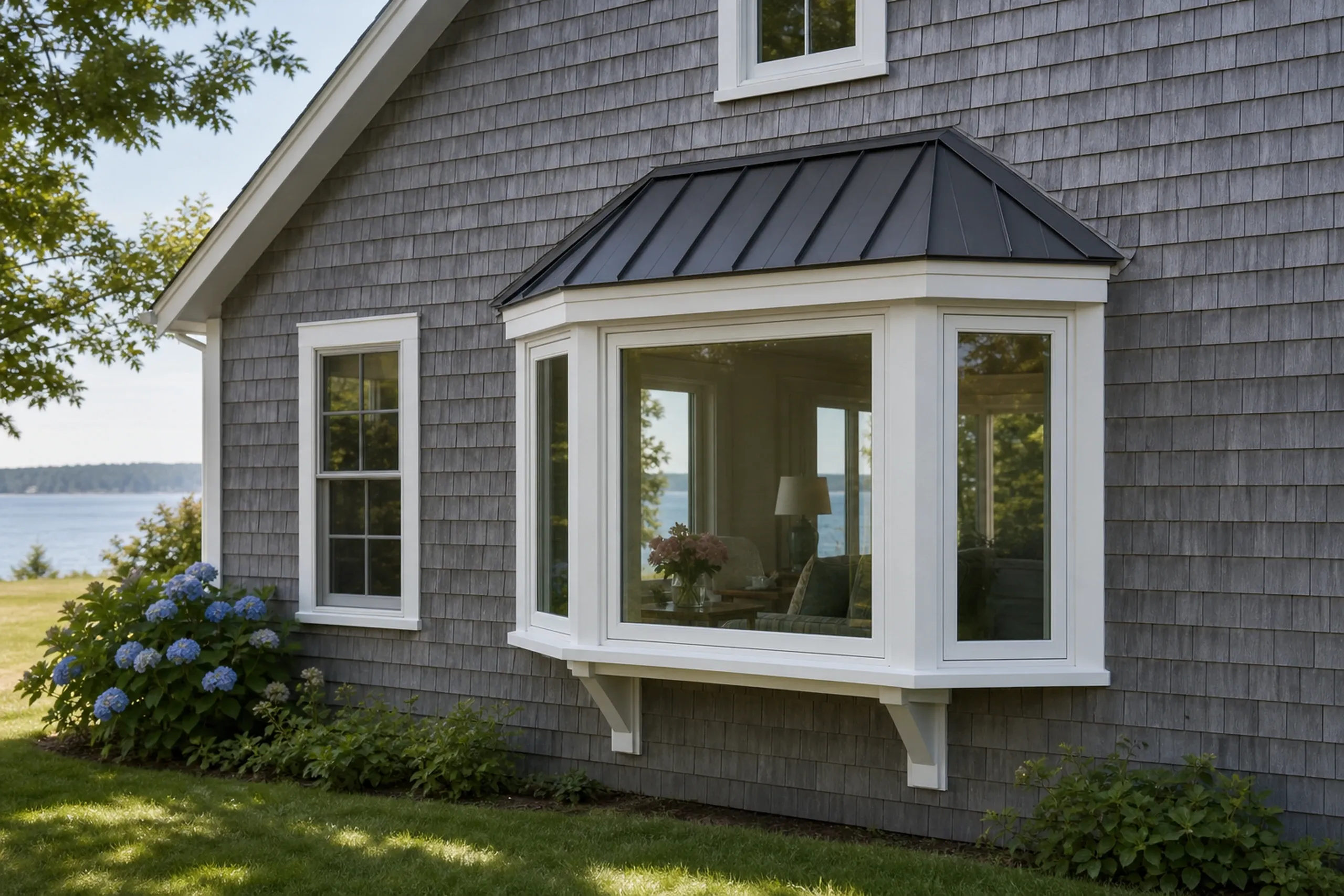 Window replacement in Friendship: projecting bay window with white frames under a small dark metal roof on gray shingle siding, with blue hydrangeas and water beyond
