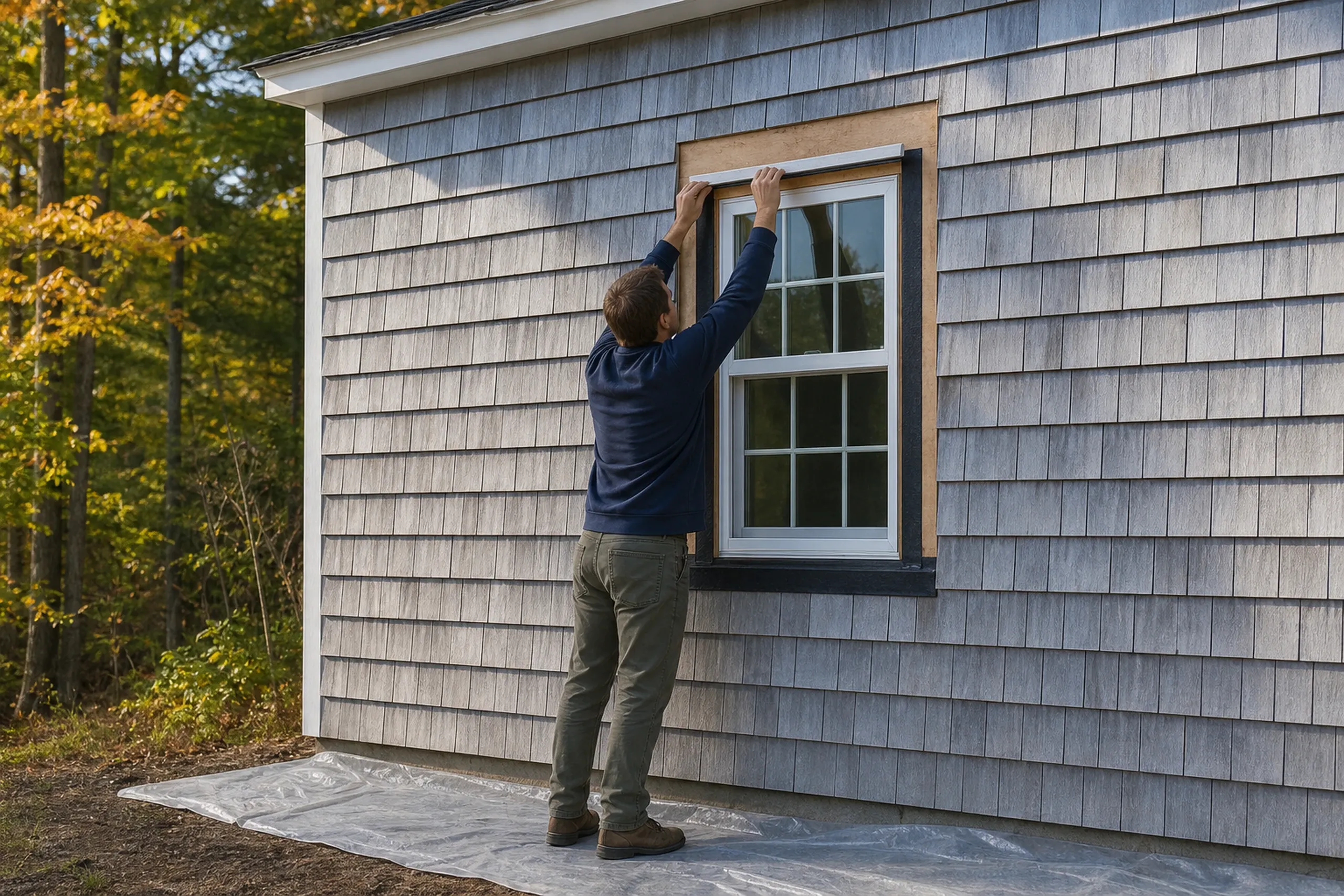 Window replacement in Friendship: A man in a navy sweater seen from behind, reaching above a new window edged in black tape on gray shingle siding, plastic sheeting below