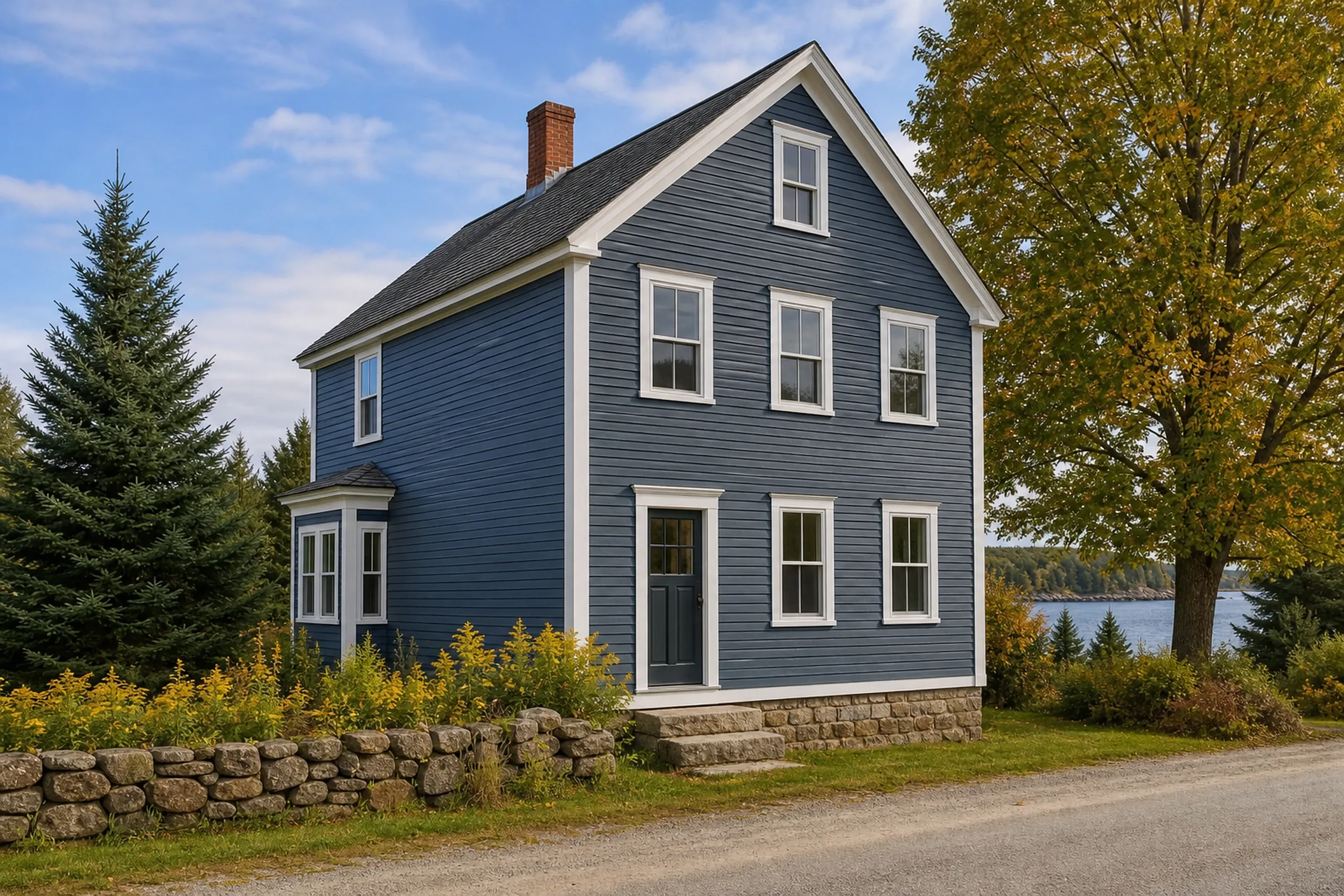Window replacement in Friendship: two-story navy clapboard house with white trim and a brick chimney behind a fieldstone wall, a yellow-leaved maple and water beyond