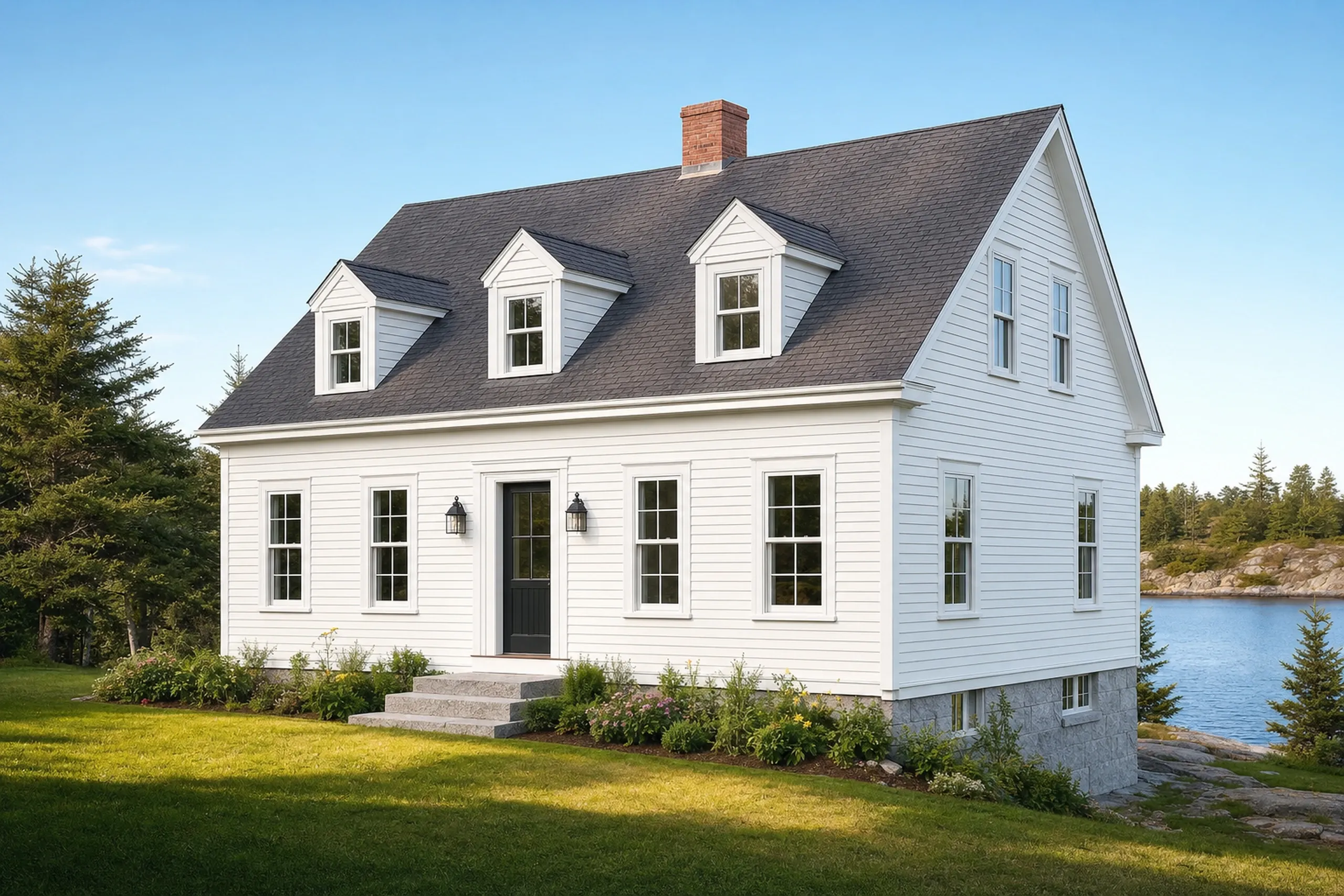 Window replacement in Friendship, ME: cape-style house with white clapboard siding, three dormers, a brick chimney and a black door between two lanterns, beside the water