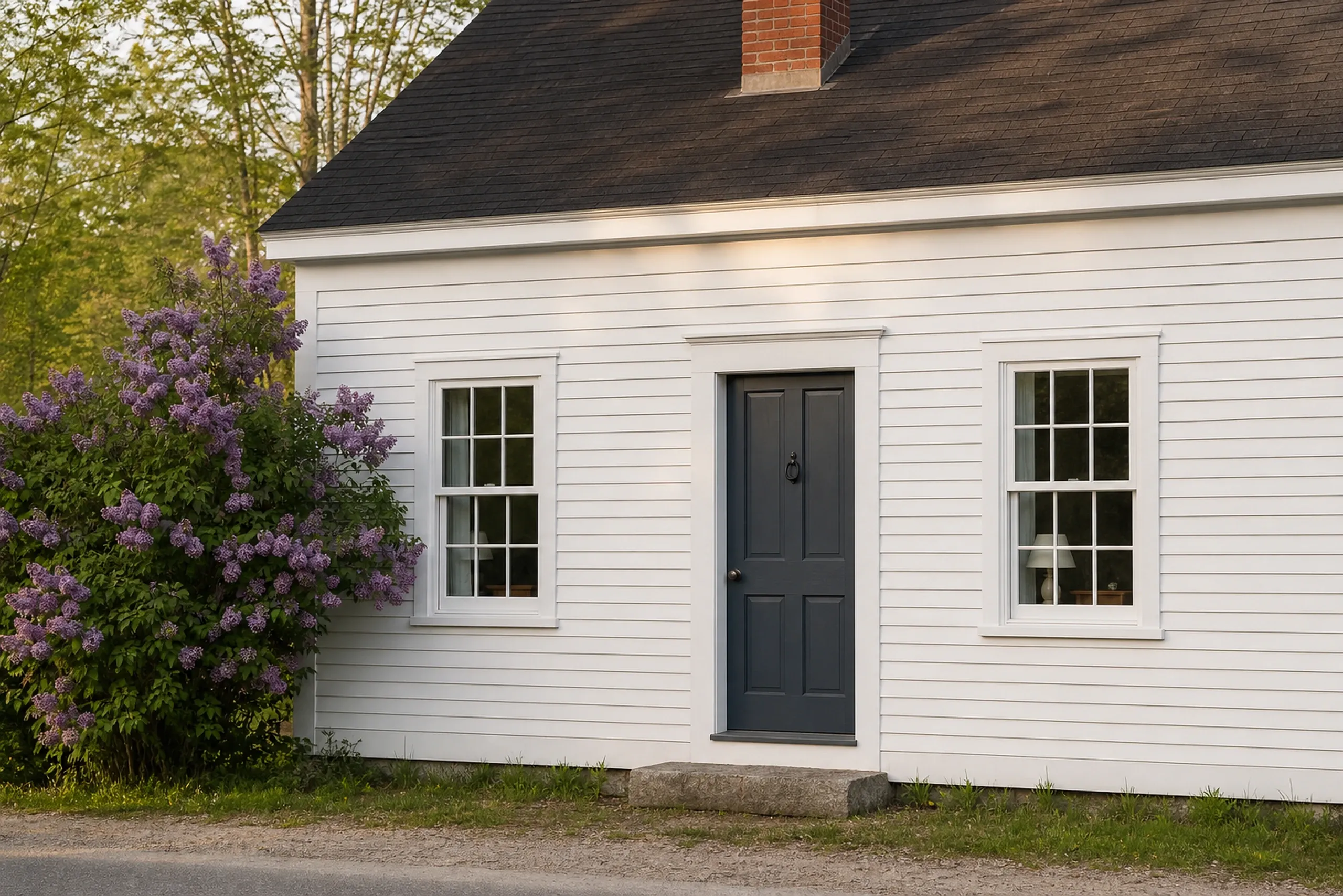 Window replacement in Friendship: white clapboard house front with a charcoal paneled door, granite step, two multi-pane windows and a flowering purple lilac at left