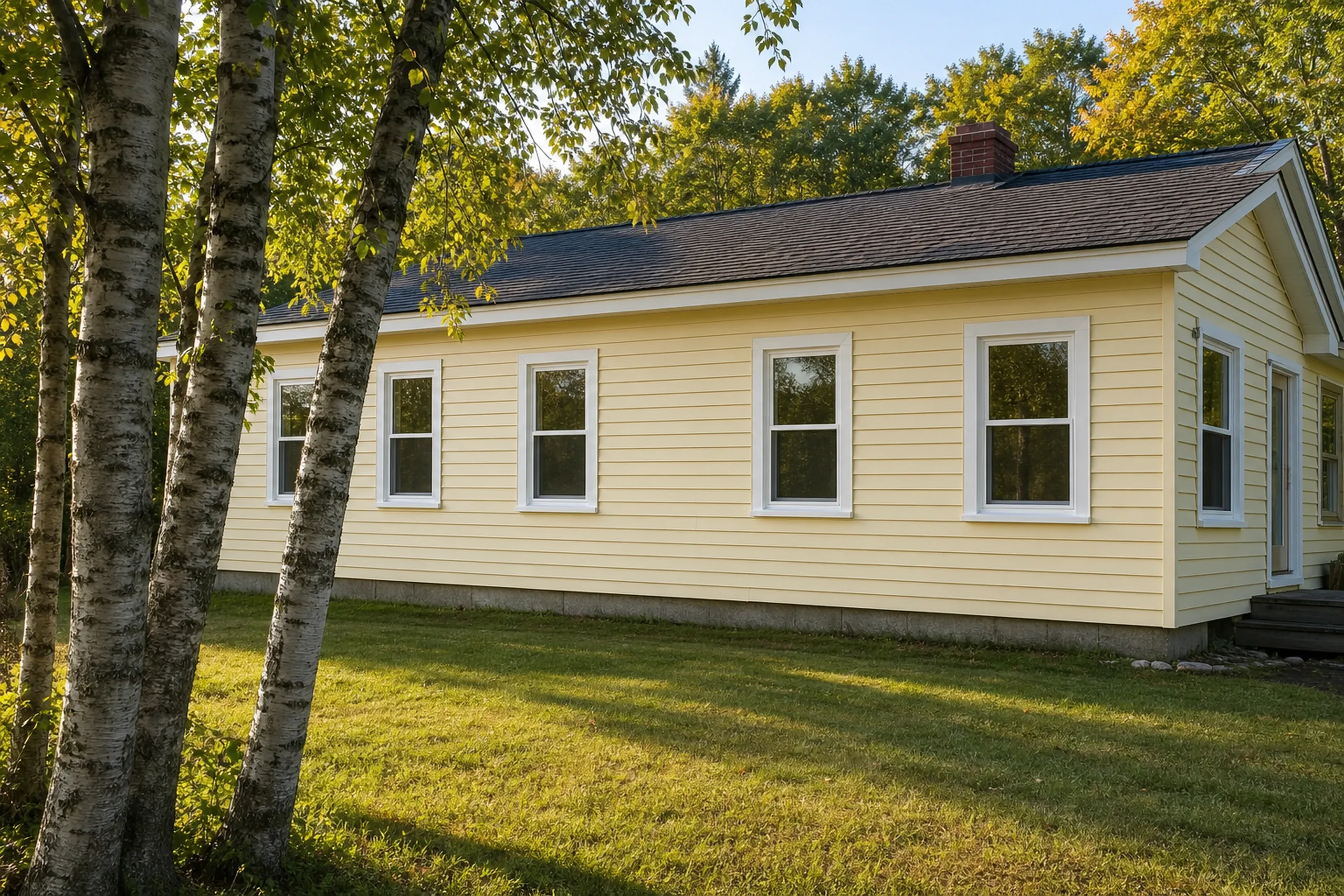 Window replacement in Friendship: long one-story yellow house with white-trimmed windows, a brick chimney and a side door, seen through birch trunks across a sunlit lawn