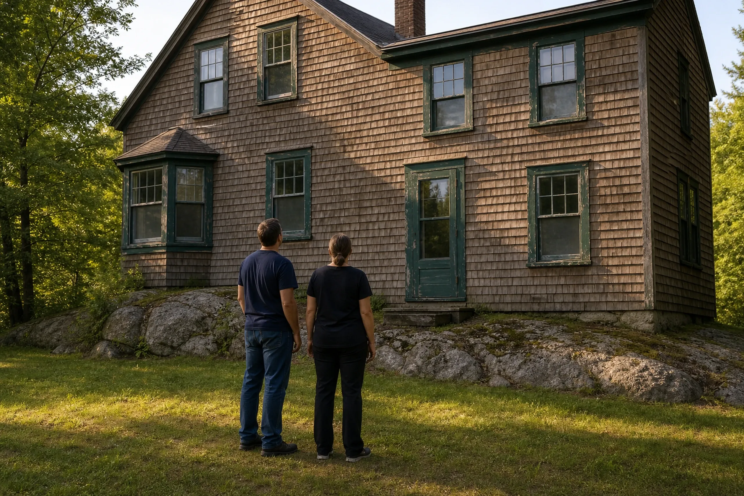 Window replacement in Friendship: two people in dark shirts seen from behind, facing a weathered brown shingle house with green window trim, on grass below a granite ledge