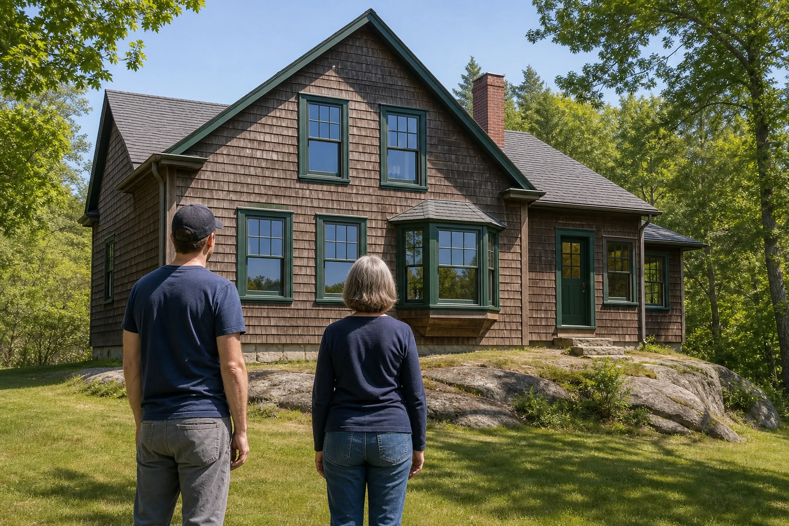 Window replacement in Friendship final walkthrough: two people seen from behind, one in a ball cap, facing a shingled house with green trim, a bay window and a green door