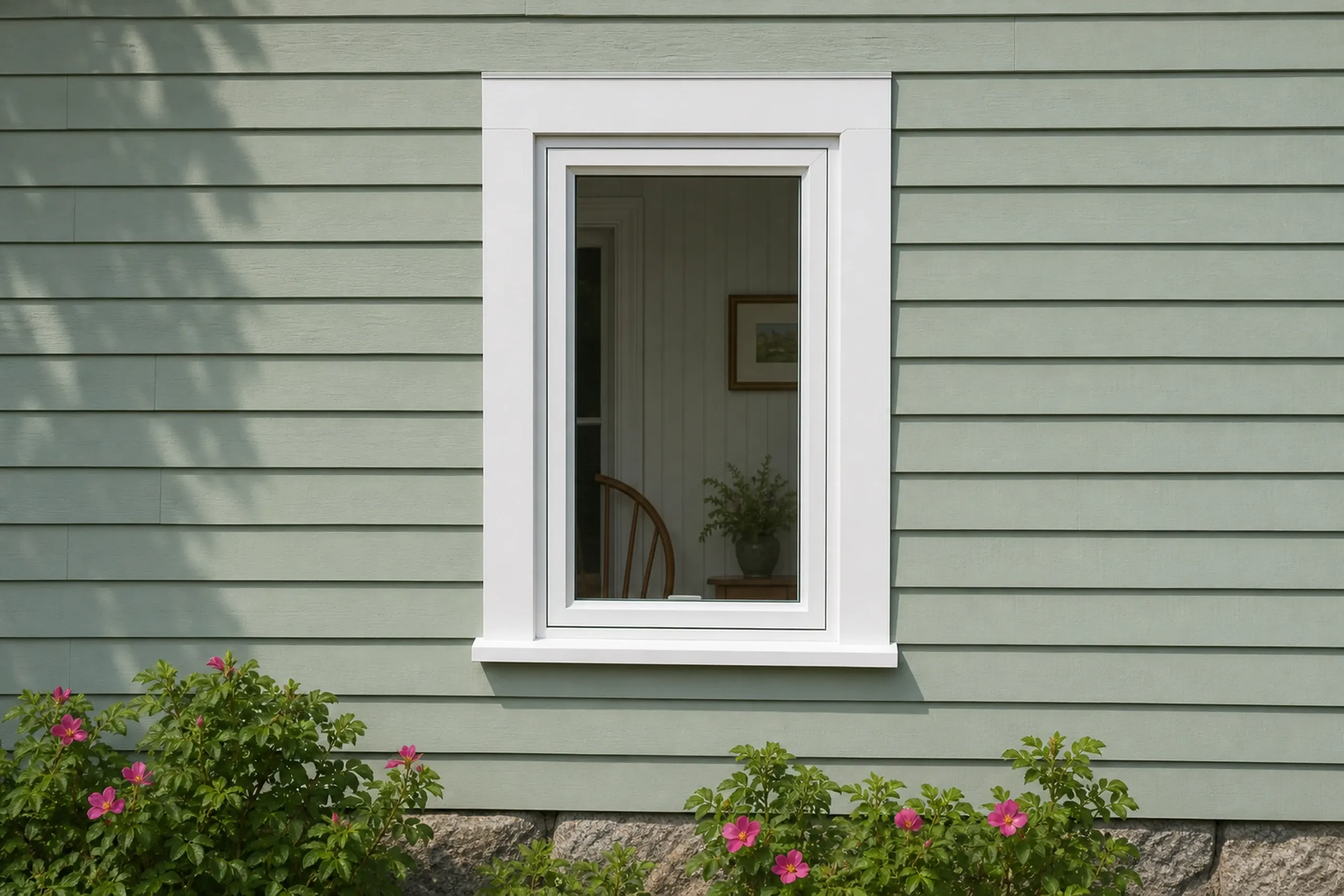 Window replacement in Friendship: A white window with no grids set in sage green clapboard siding, pink flowering shrubs below, and a chair and framed picture visible inside