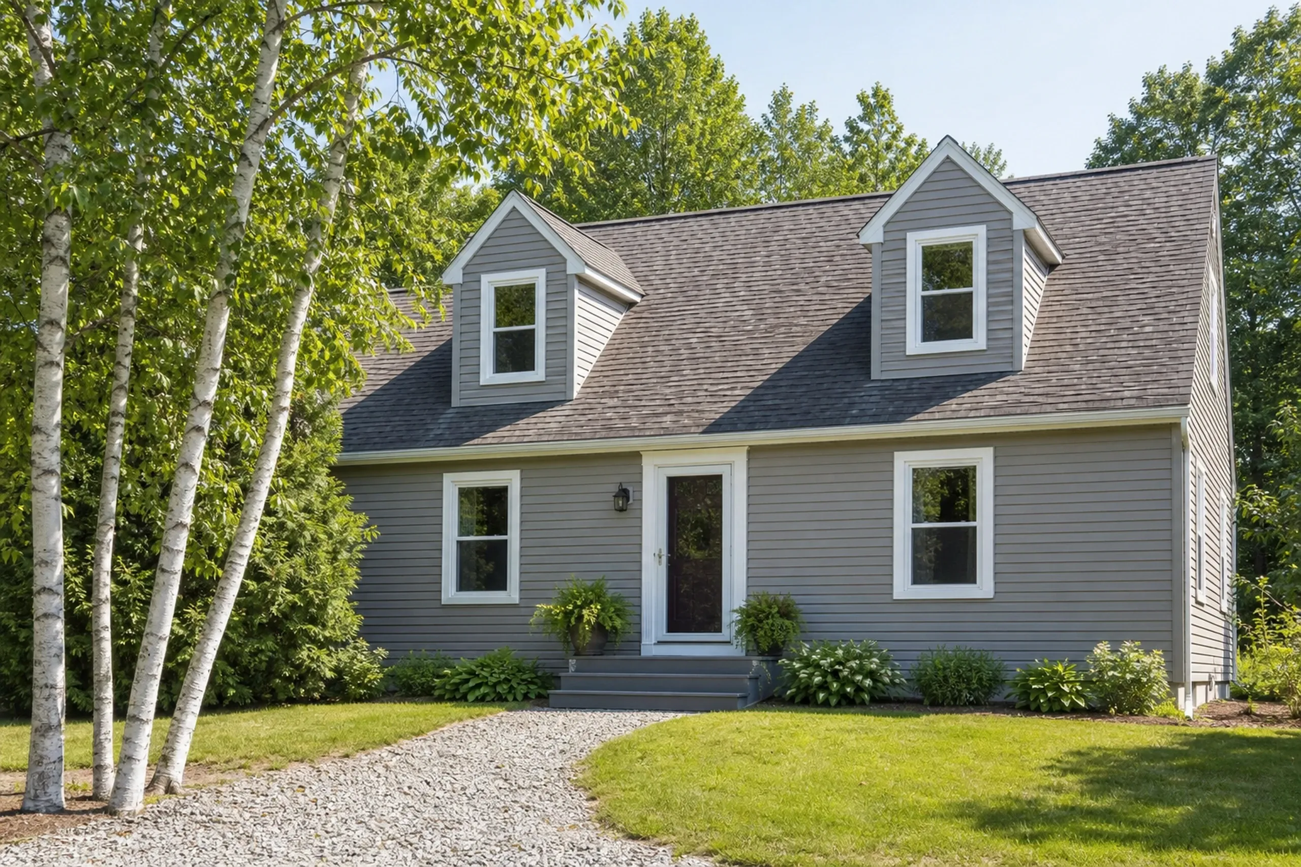 Window replacement in Hope: gray Cape-style house with two dormers, white-trimmed windows and a white front door, with a gravel path and white birch trunks at left