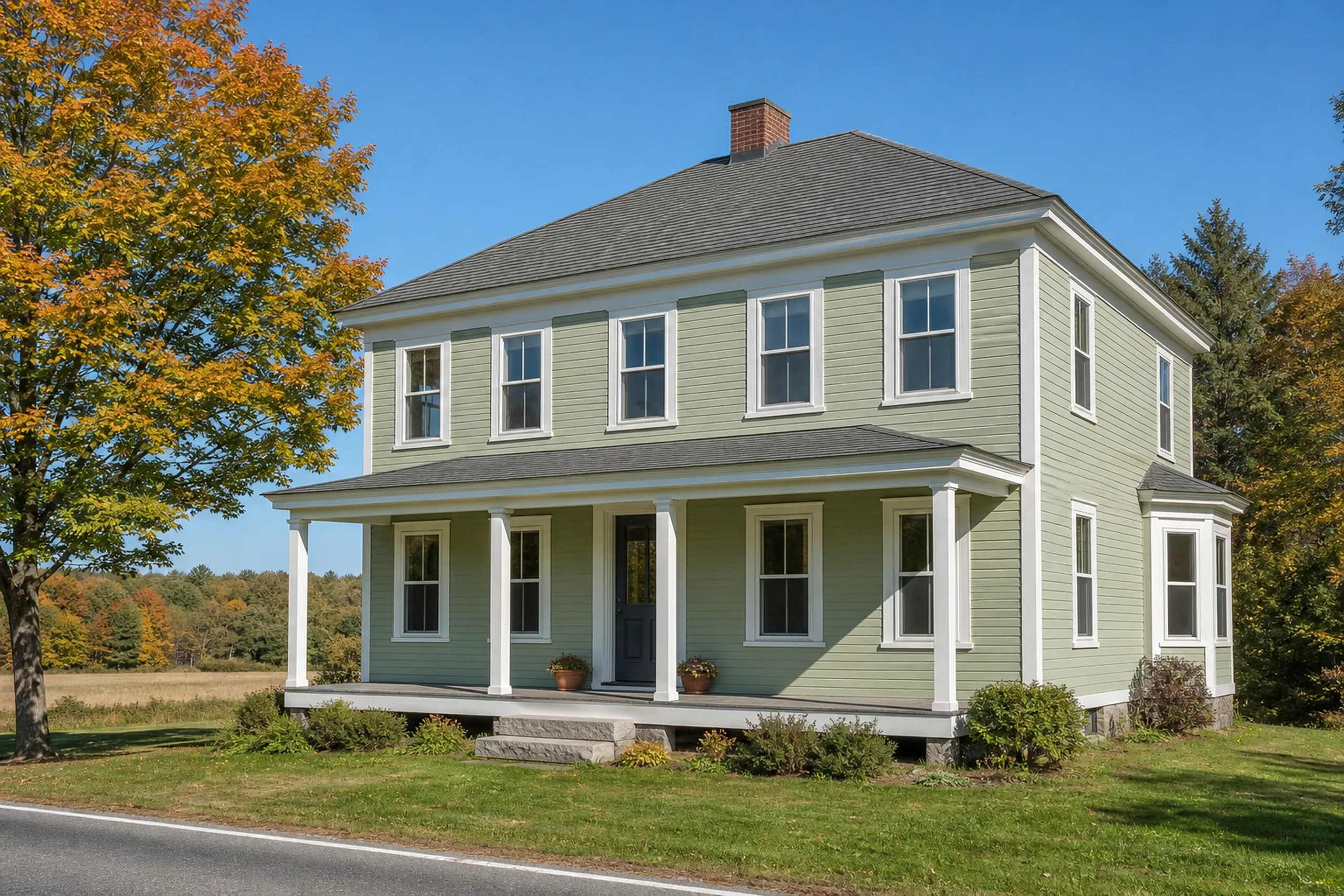 Window replacement in Hope: two-story sage green house with a white-columned front porch, brick chimney and a small side bay, beside an orange-leaved maple