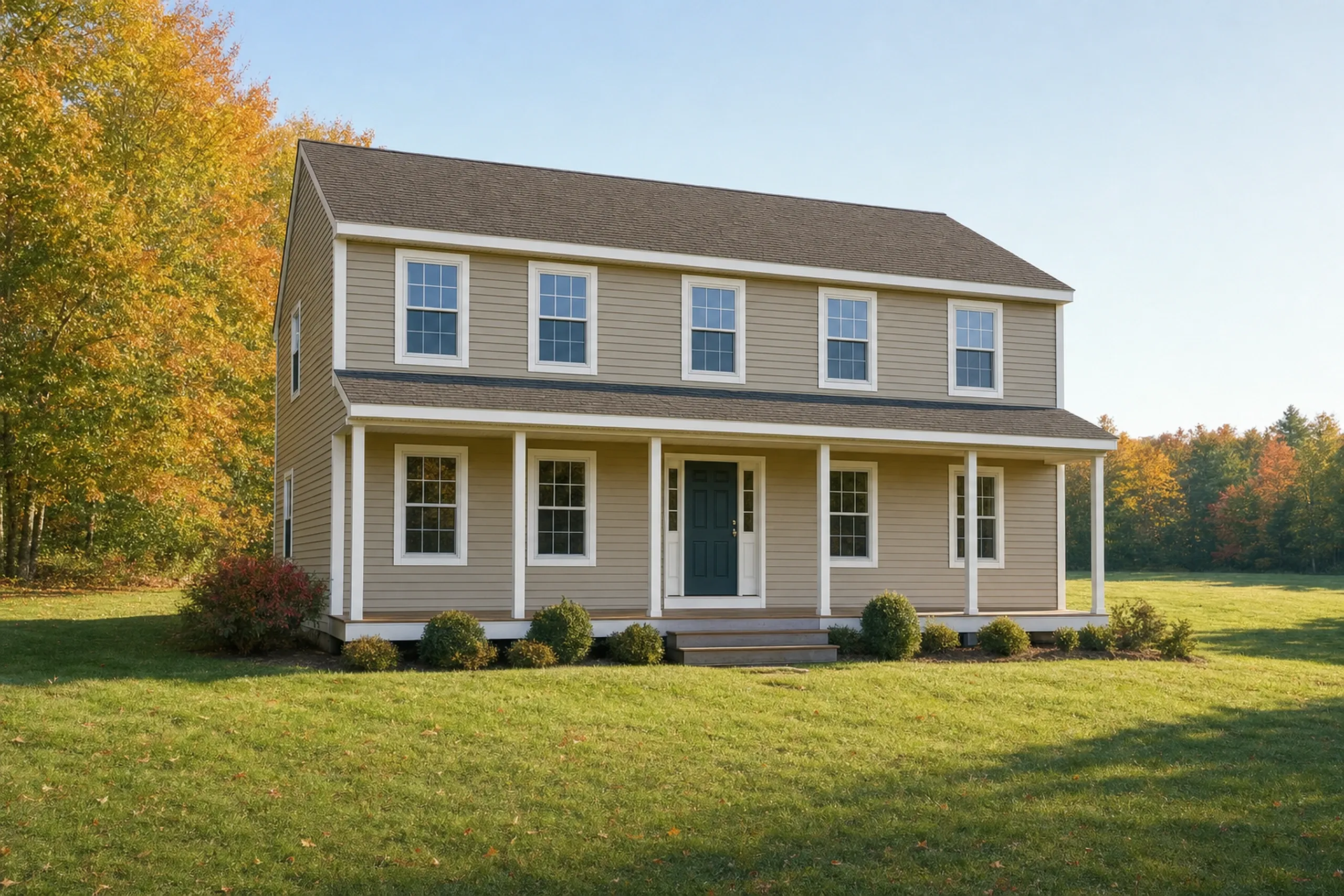 Window replacement in Hope, ME: two-story tan clapboard house with a full-width covered porch, white posts and a dark teal door, beside orange and yellow autumn trees