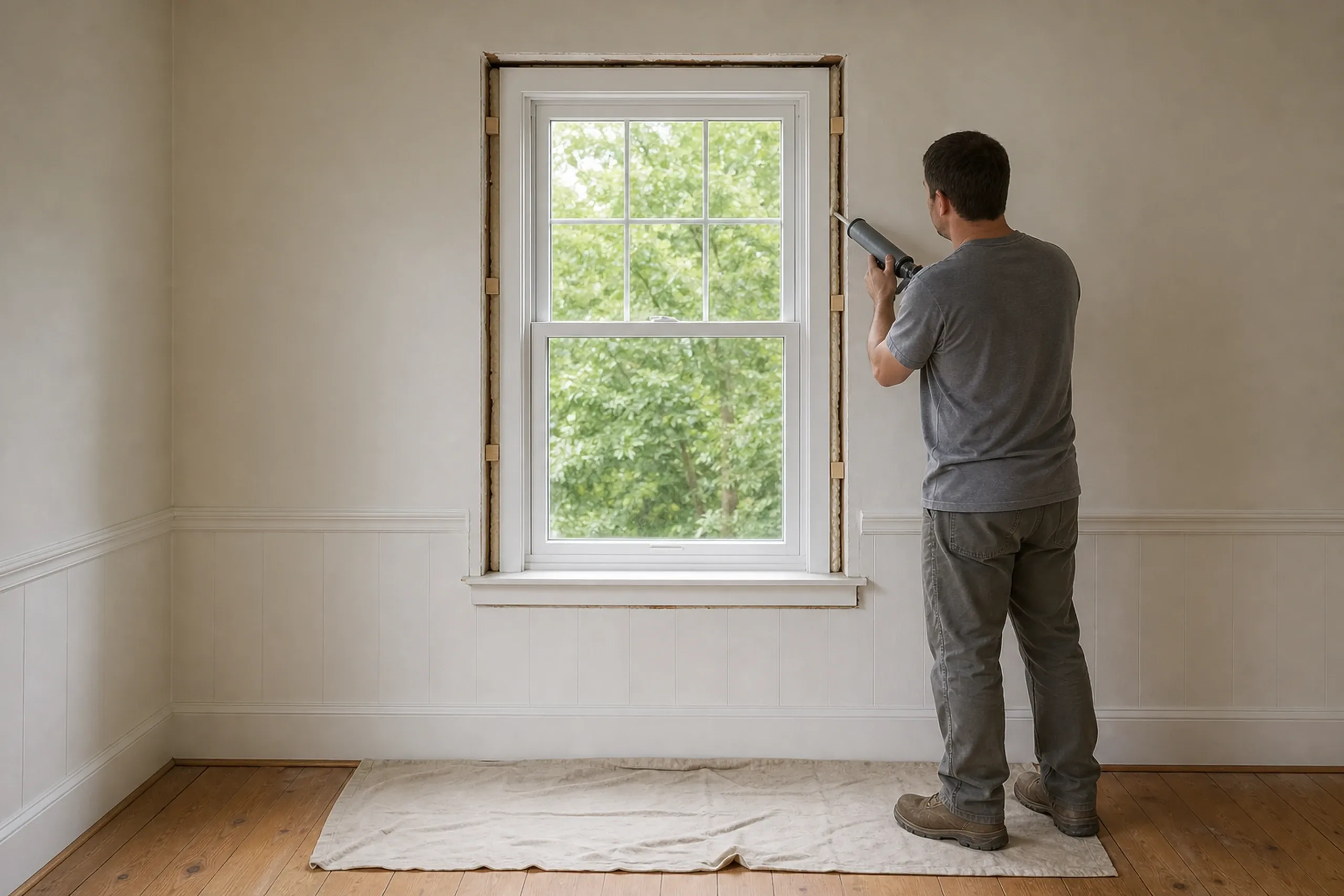 Window replacement in Hope: A man in a gray shirt, seen from behind, aiming a caulk gun at the gap beside a white double-hung window in a bare room