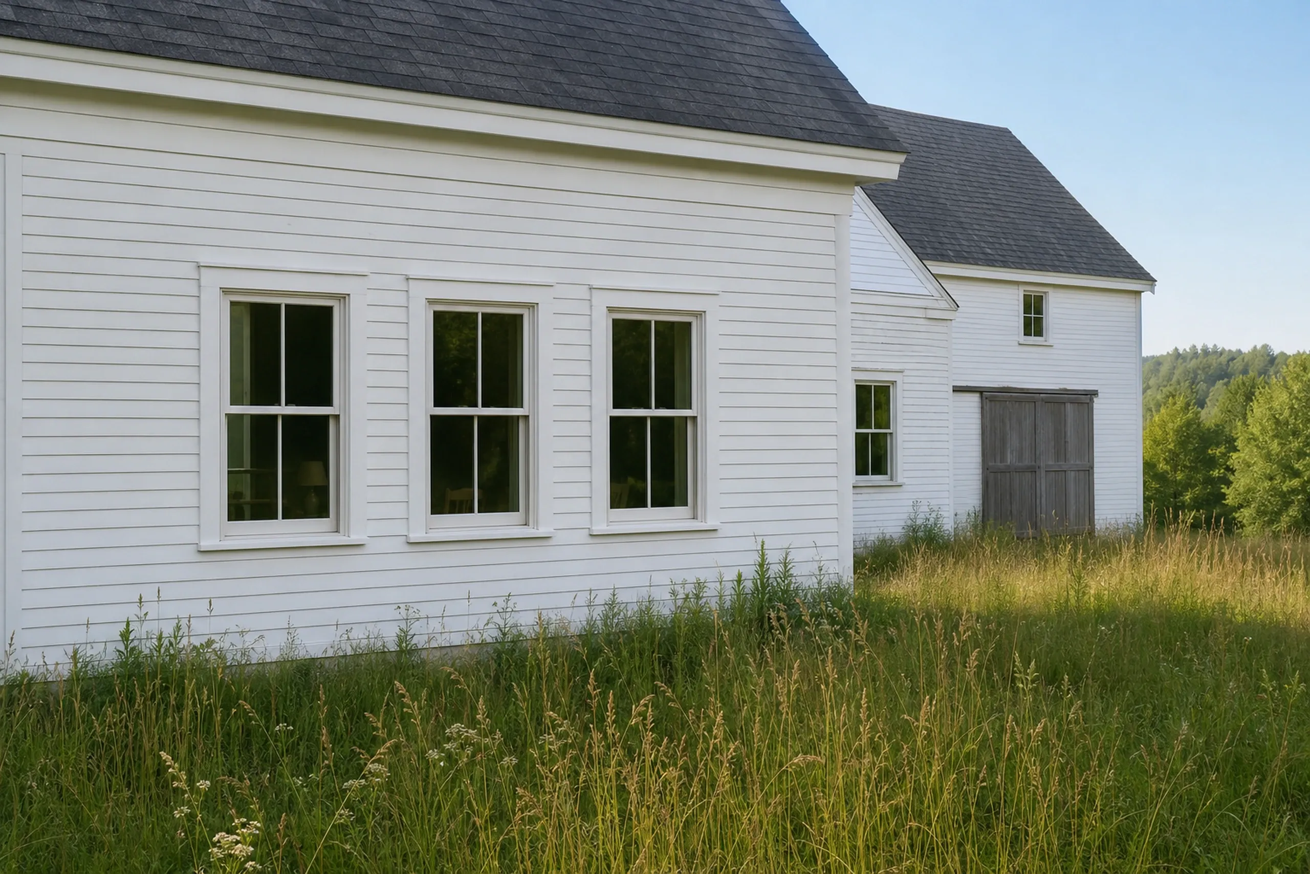 Window replacement in Hope: white clapboard wall with three two-over-two windows beside an attached barn with a gray sliding door, tall meadow grass in front