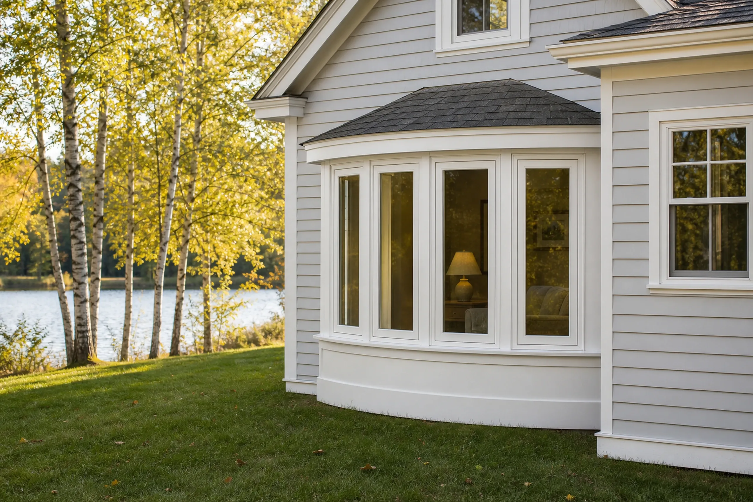 Window replacement in Hope: curved four-panel bow window with white frames on pale gray clapboard siding, a lit lamp inside, and white birch trees by a pond