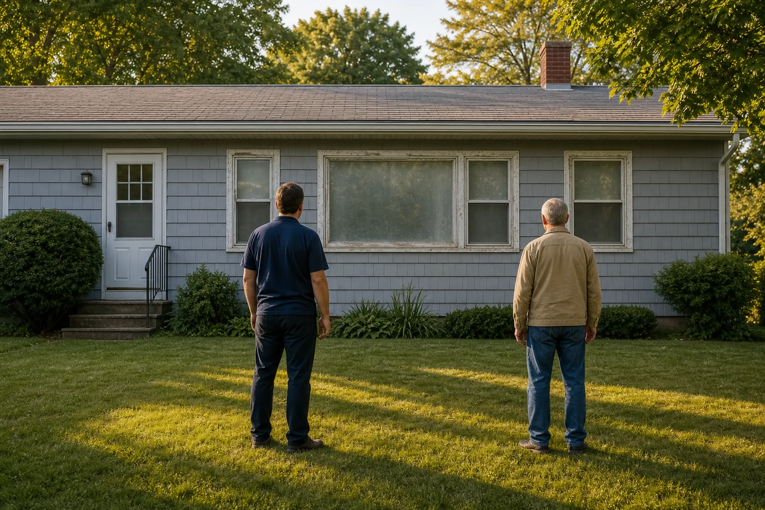 Window replacement in Hope first visit: two people on a lawn, seen from behind, looking at a one-story gray shingled house with a white door and a paint-worn picture window