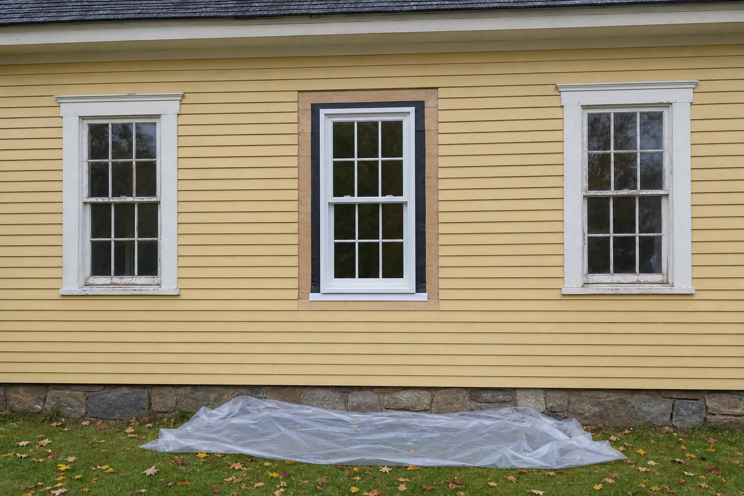 Window replacement in Hope in progress: yellow clapboard wall with a new white window in an opening edged with black tape between two older windows, plastic sheeting below