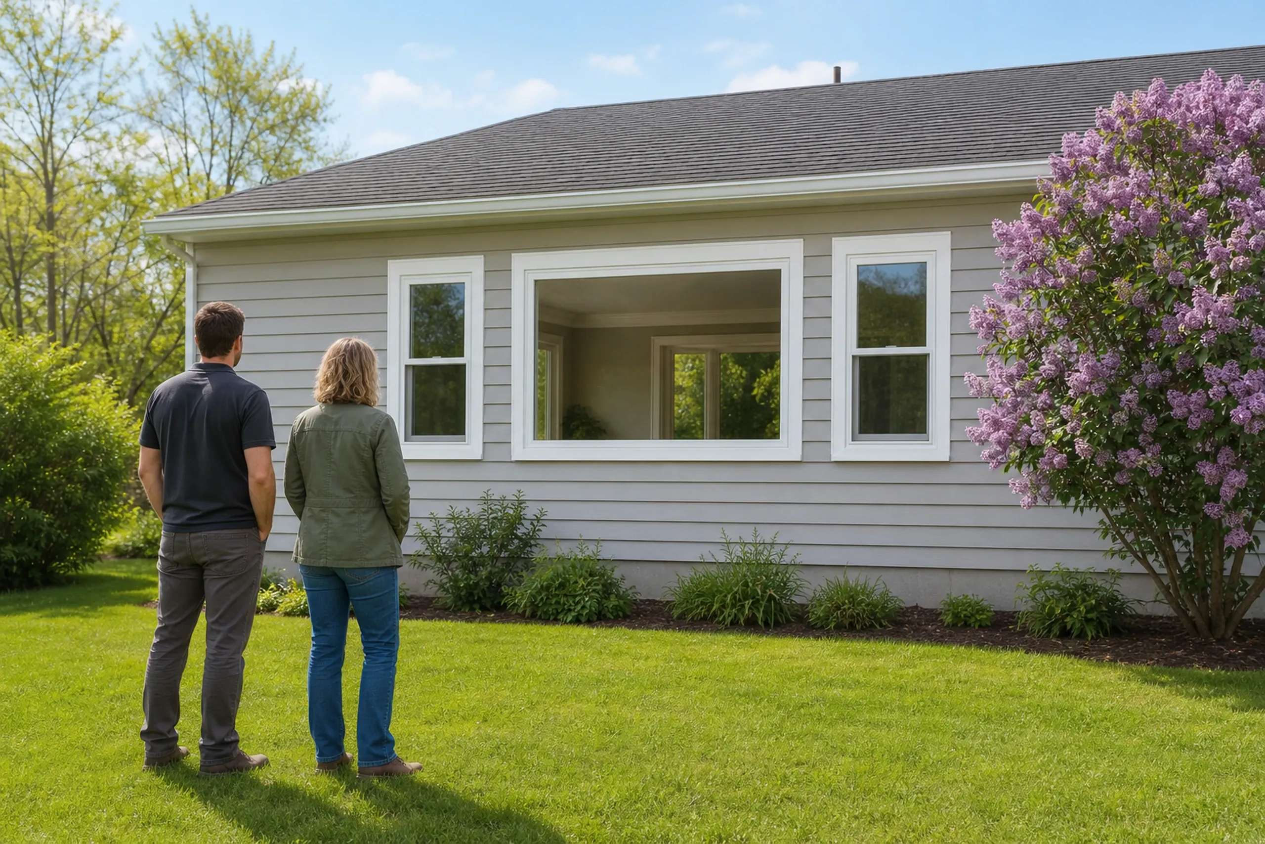 Window replacement in Hope final walkthrough: two people with their backs turned on a lawn, looking at a gray one-story house with a wide picture window and a purple lilac in bloom