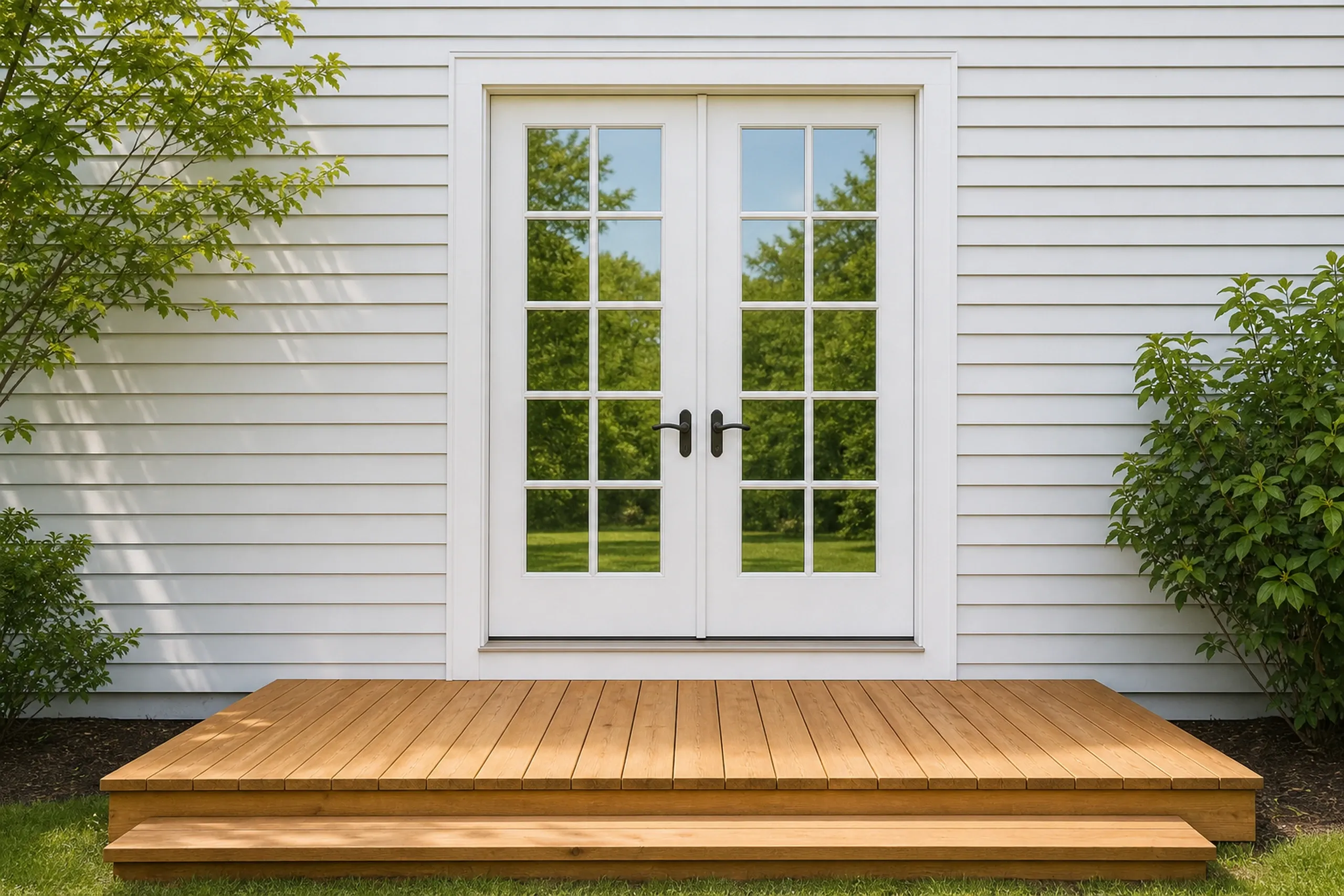 Window replacement in Hope: pair of white French doors with ten glass panes each and dark handles on white clapboard siding, above a small wood deck between shrubs