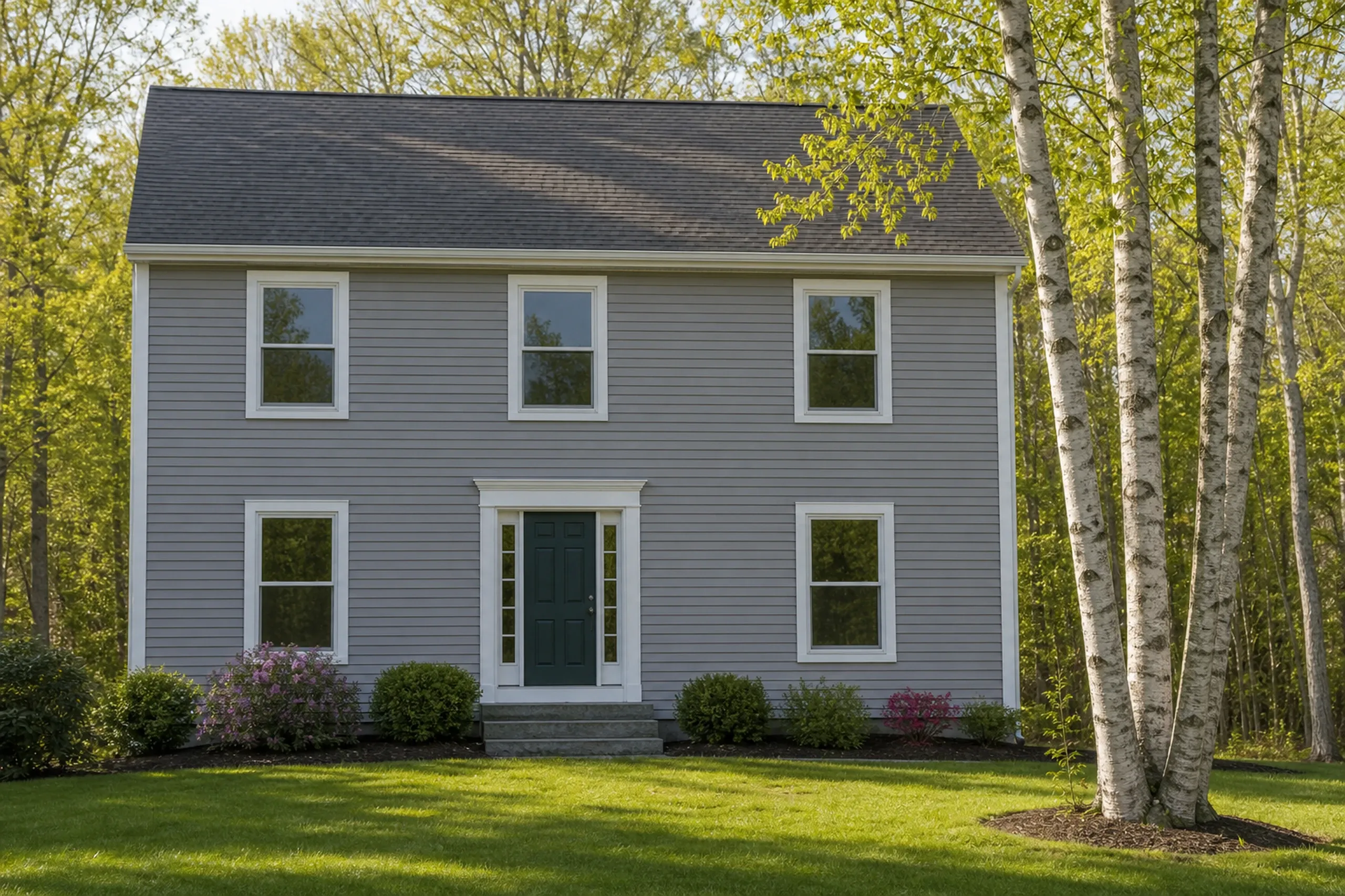 Window replacement in Jefferson: two-story gray house with white trim, one-over-one windows and a dark green front door with sidelights, beside tall white birch trunks