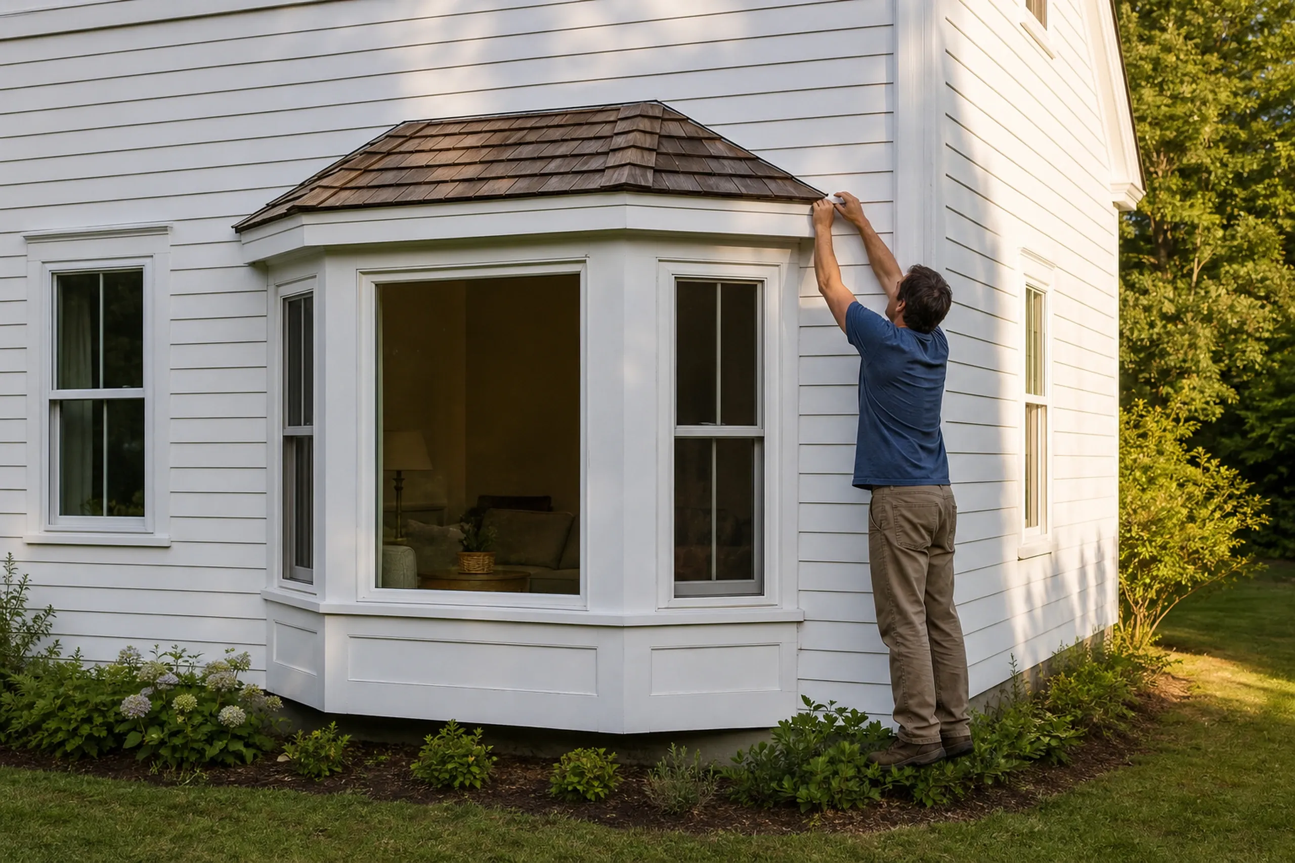 Window replacement in Jefferson: A man in a blue shirt and khaki pants reaching up to the edge of a shingled bay window roof on a white clapboard house, hydrangeas at left