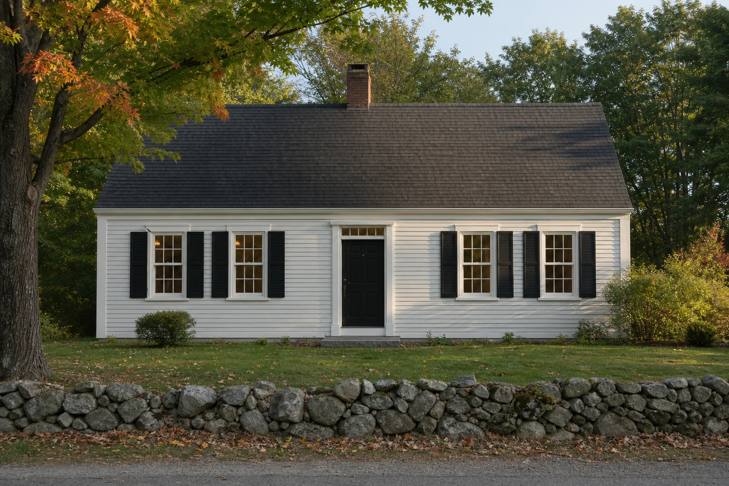 Window replacement in Jefferson: white clapboard cape with black shutters, a black front door and brick chimney behind a fieldstone wall, with orange maple leaves in autumn