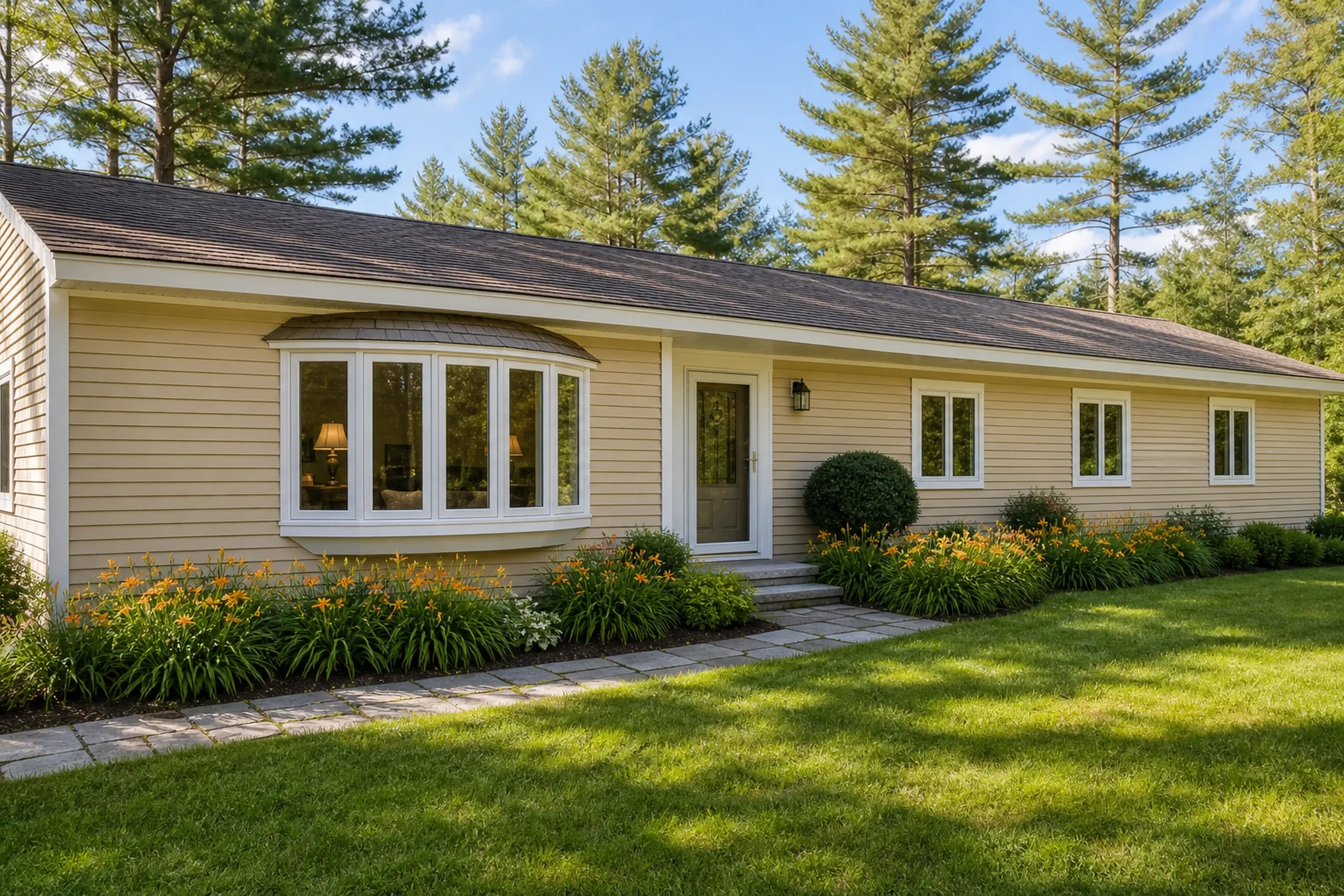 Window replacement in Jefferson: single-story tan ranch house with a curved bow window, orange daylilies along a flagstone walk, and tall pines behind