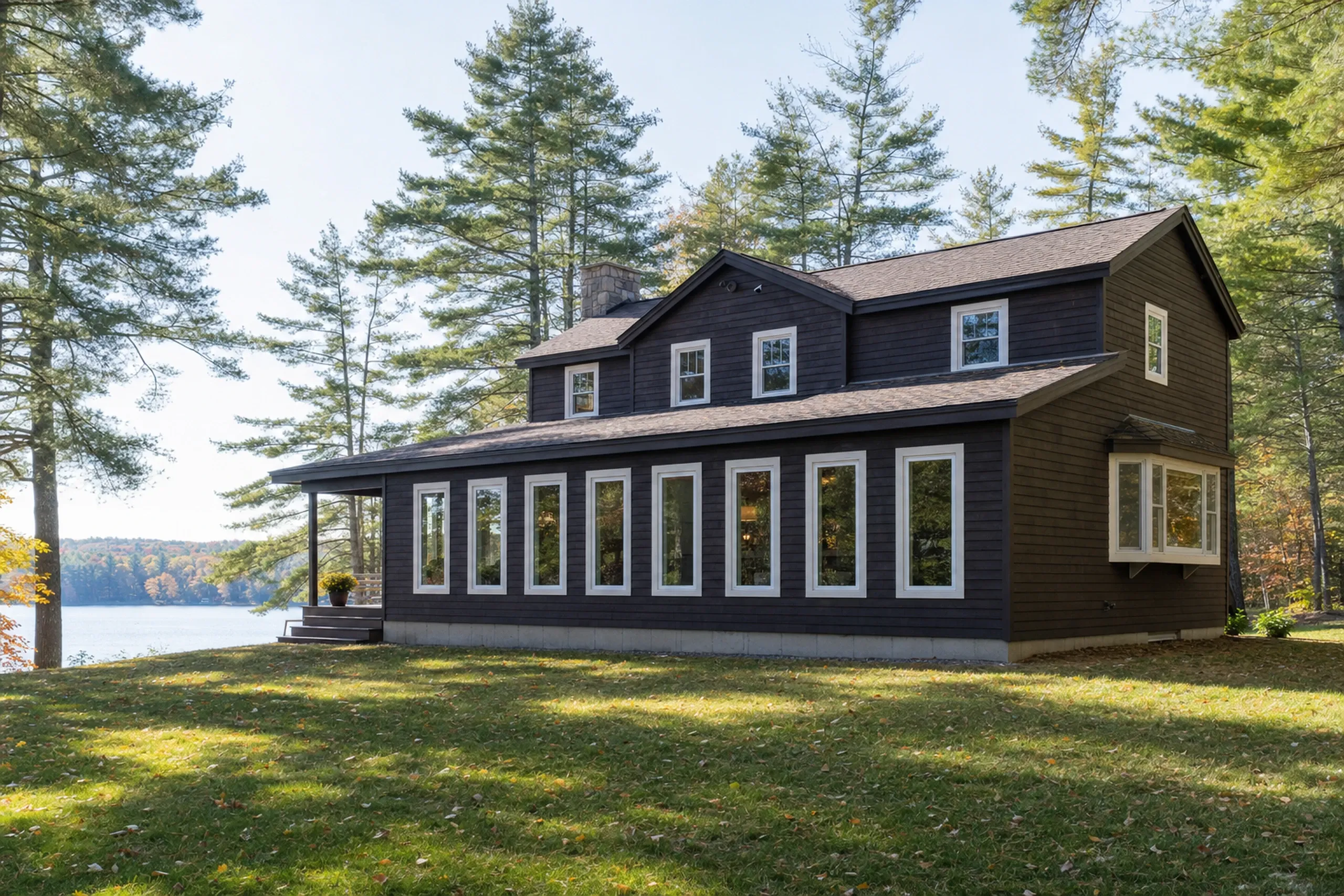 Window replacement in Jefferson, ME: dark brown two-story lakeside house with a row of eight tall white-framed windows, a bay window at the right end, and pines
