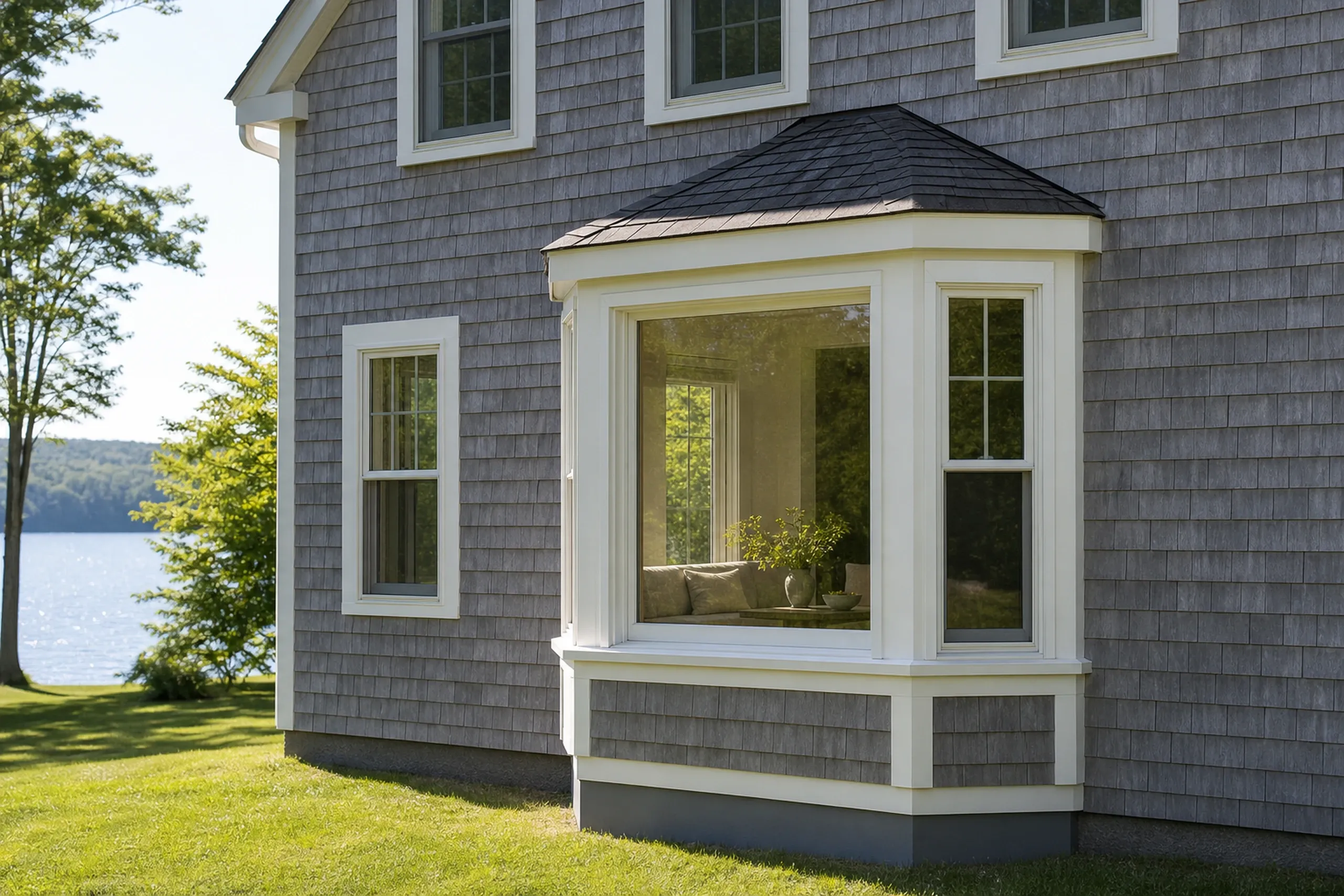Window replacement in Jefferson: angled bay window with white trim and a small dark hip roof on gray shingle siding, a double-hung window to the left, and a lake behind