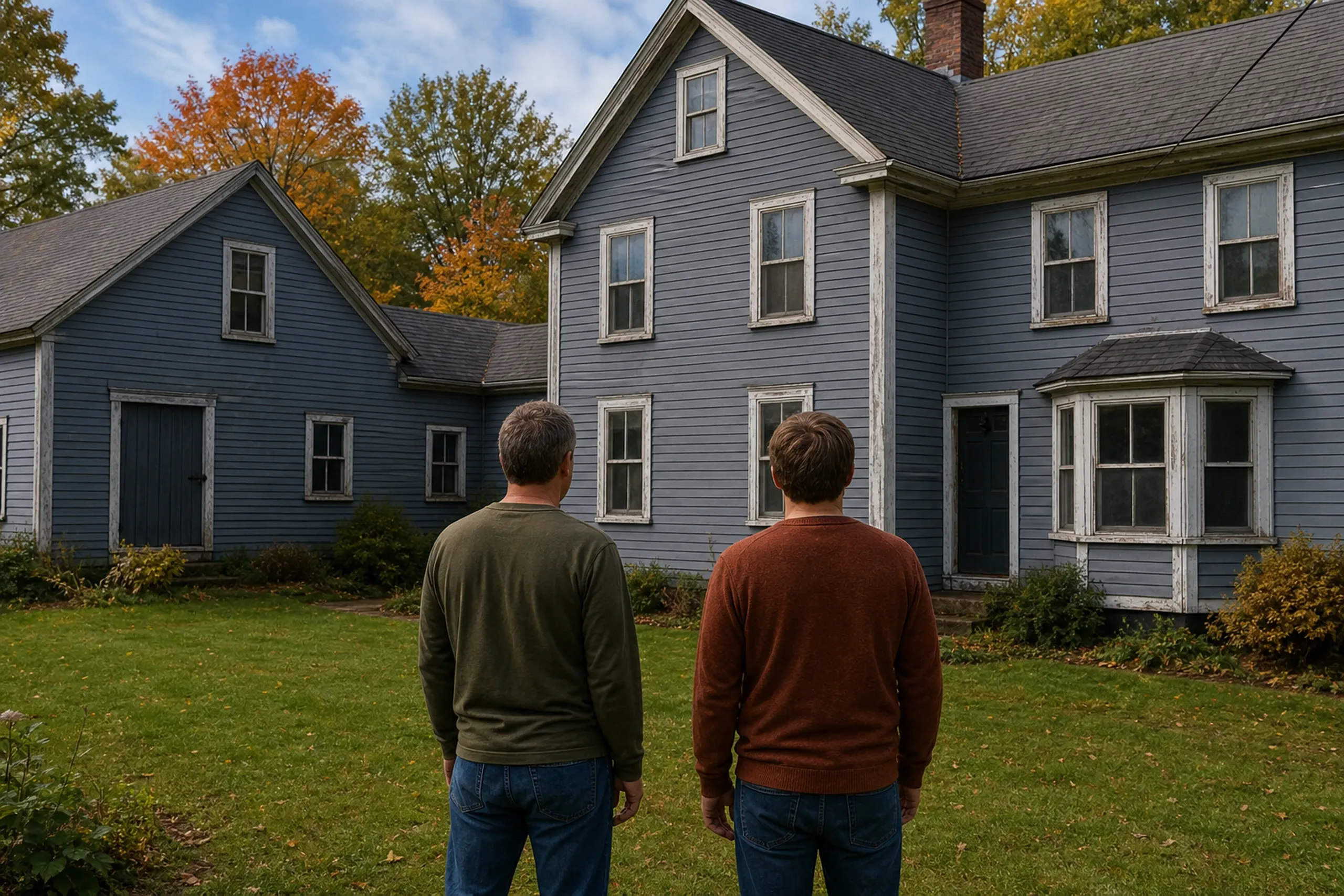 Window replacement in Jefferson first visit: two people seen from behind, looking at a blue-gray clapboard house with peeling white trim, a bay window and a barn wing, in autumn