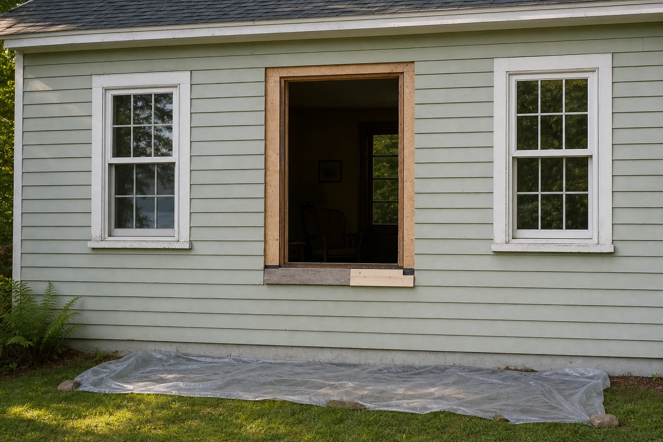 Window replacement in Jefferson in progress: empty window opening in bare wood between two six-over-six windows on a sage green clapboard wall, plastic sheeting on the grass