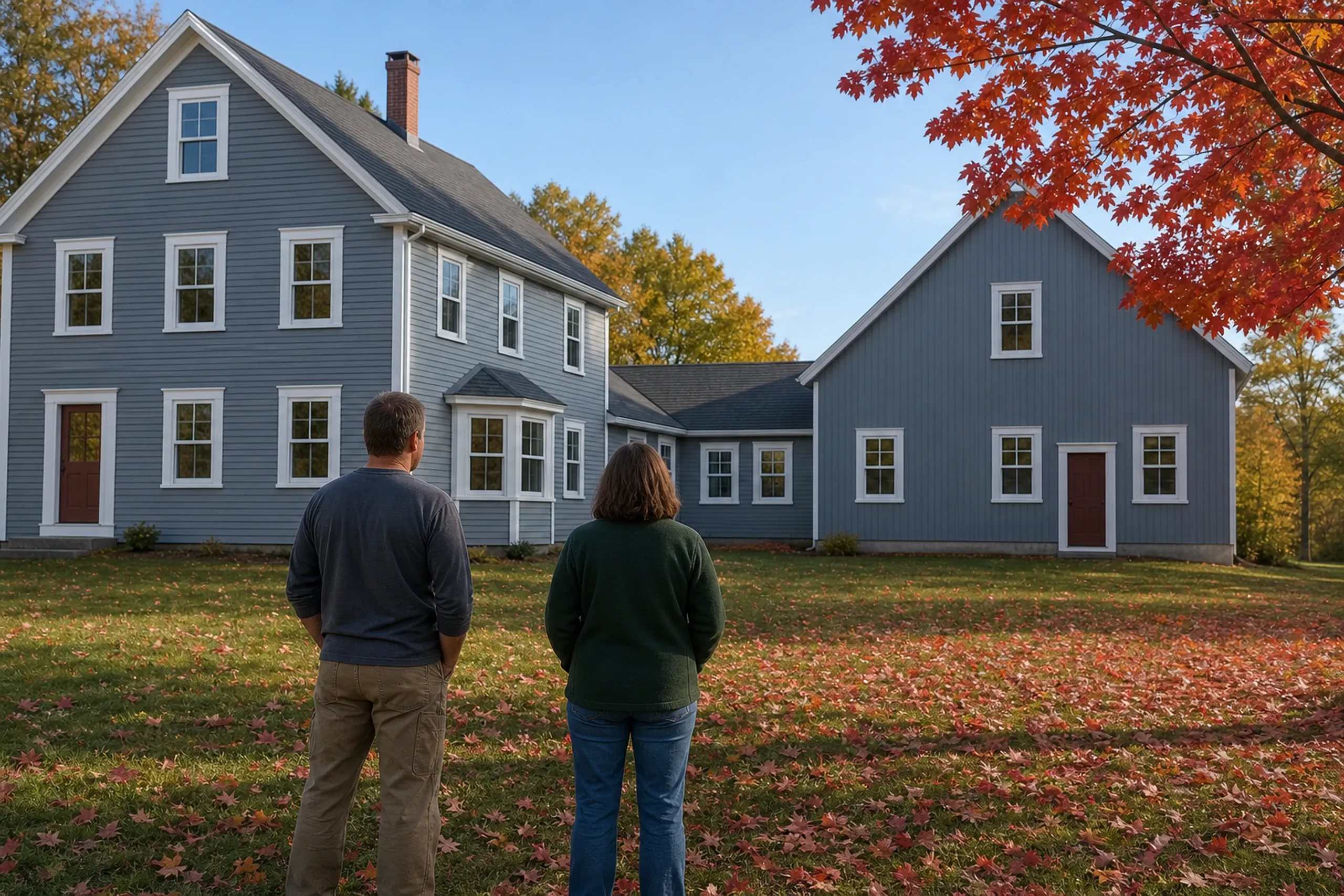 Window replacement in Jefferson final walkthrough: lawn covered in red maple leaves, two people seen from behind facing a blue-gray two-story house with white trim and a barn wing