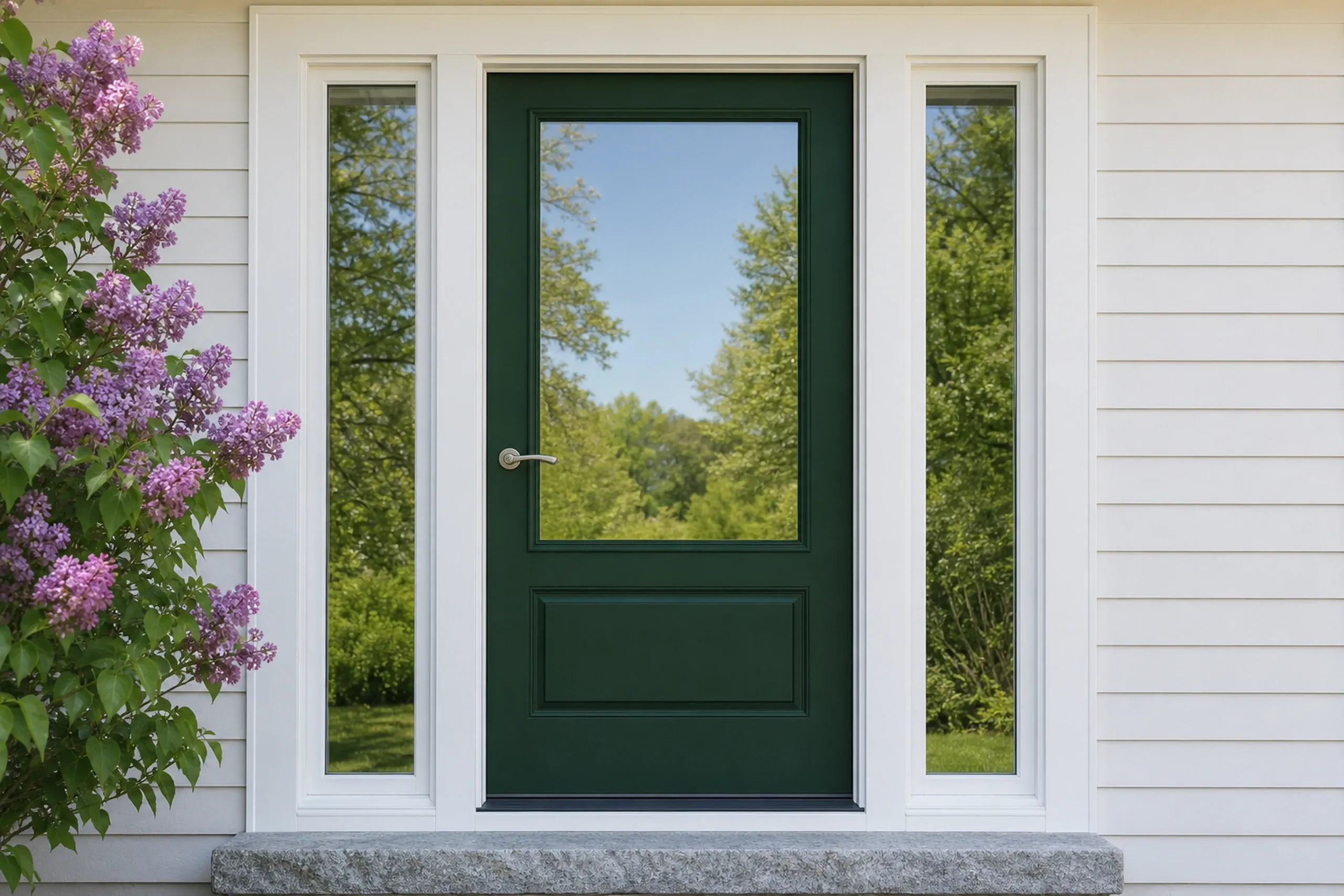 Window replacement in Jefferson: dark green front door with a large glass panel and two tall sidelights in white trim on clapboard siding, a granite step and a lilac
