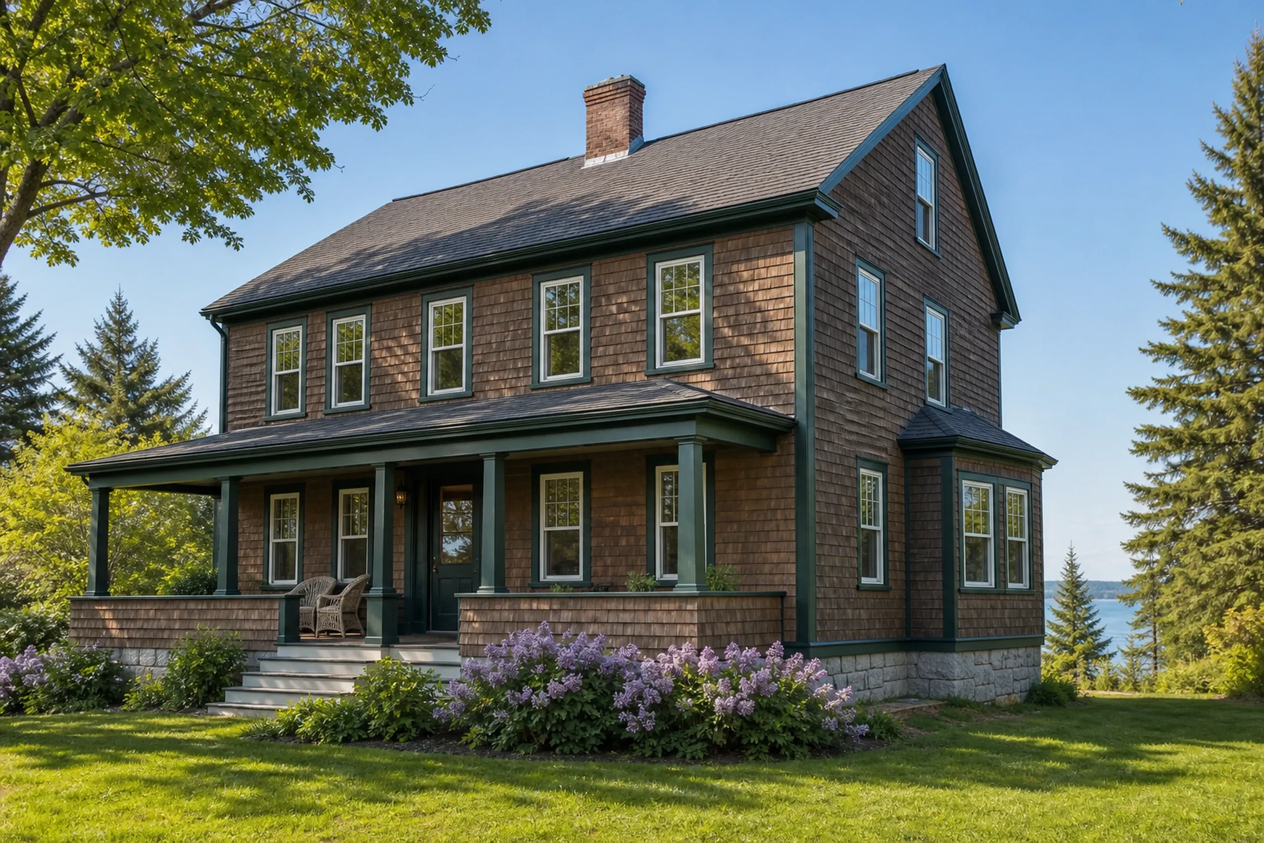 Window replacement in Lincolnville: two-story shingled house with dark green trim, a porch with two wicker chairs, purple lilacs, and a lawn running toward the water