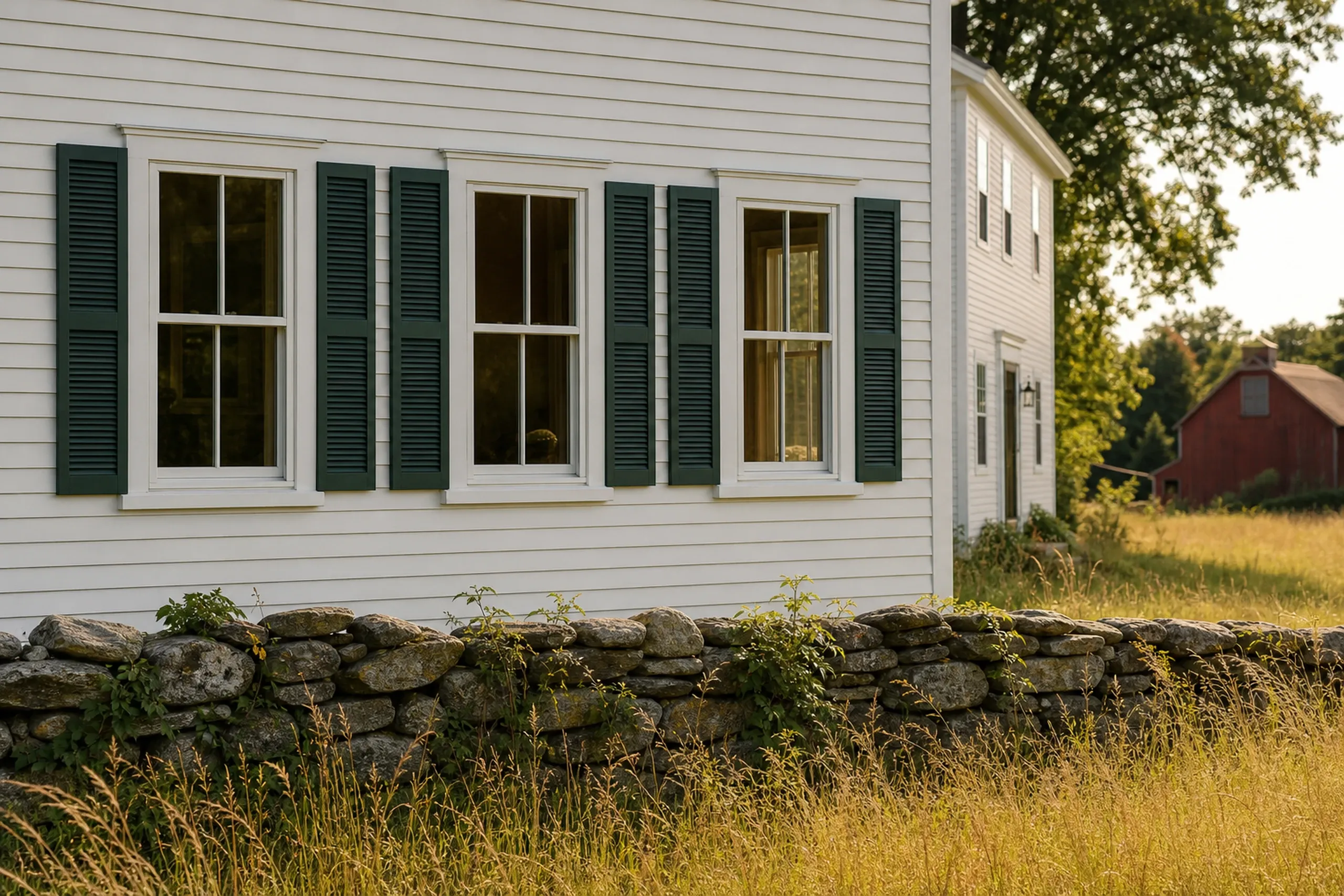 Window replacement in Lincolnville: white clapboard wall with three double-hung windows, dark green louvered shutters, a stone wall in tall grass, and a distant red barn