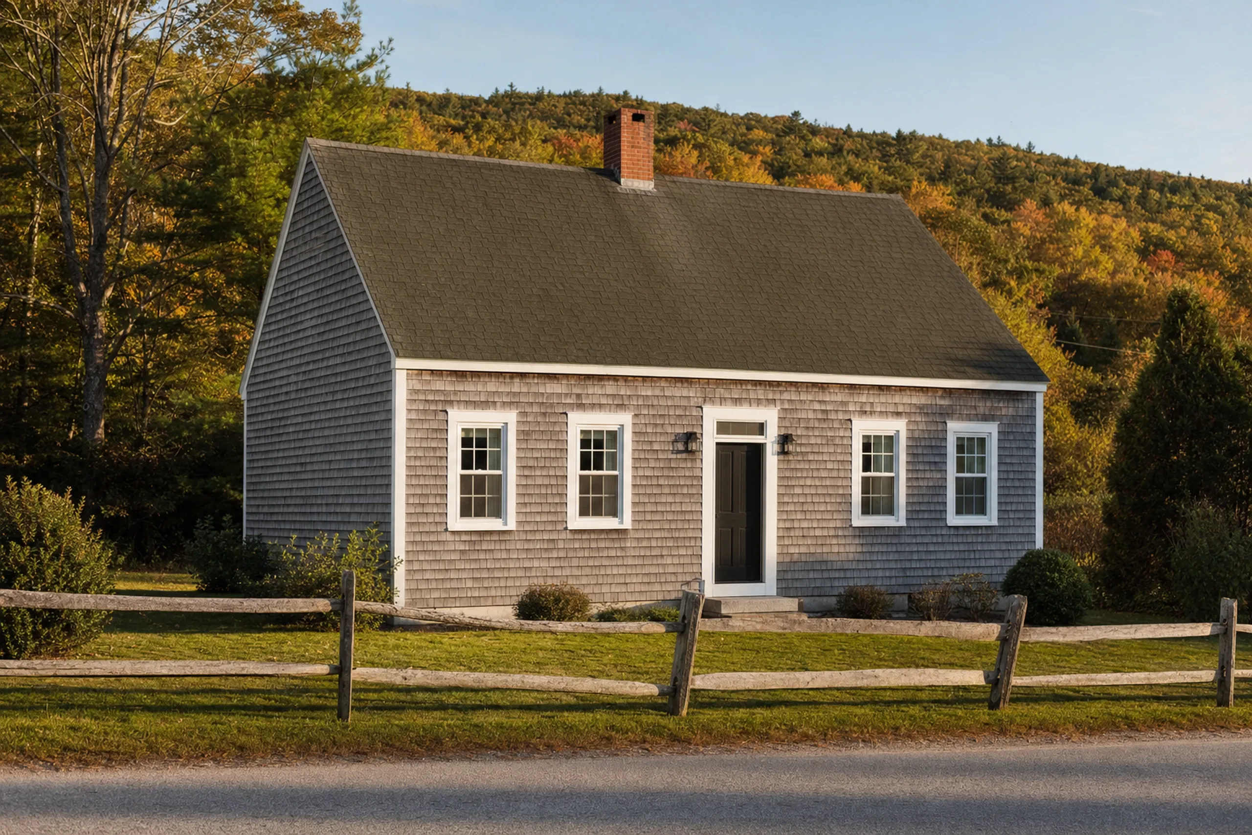 Window replacement in Lincolnville, ME: small gray shingled cape with white trim, four windows and a dark door, a split-rail fence in front, and a hillside of autumn color behind