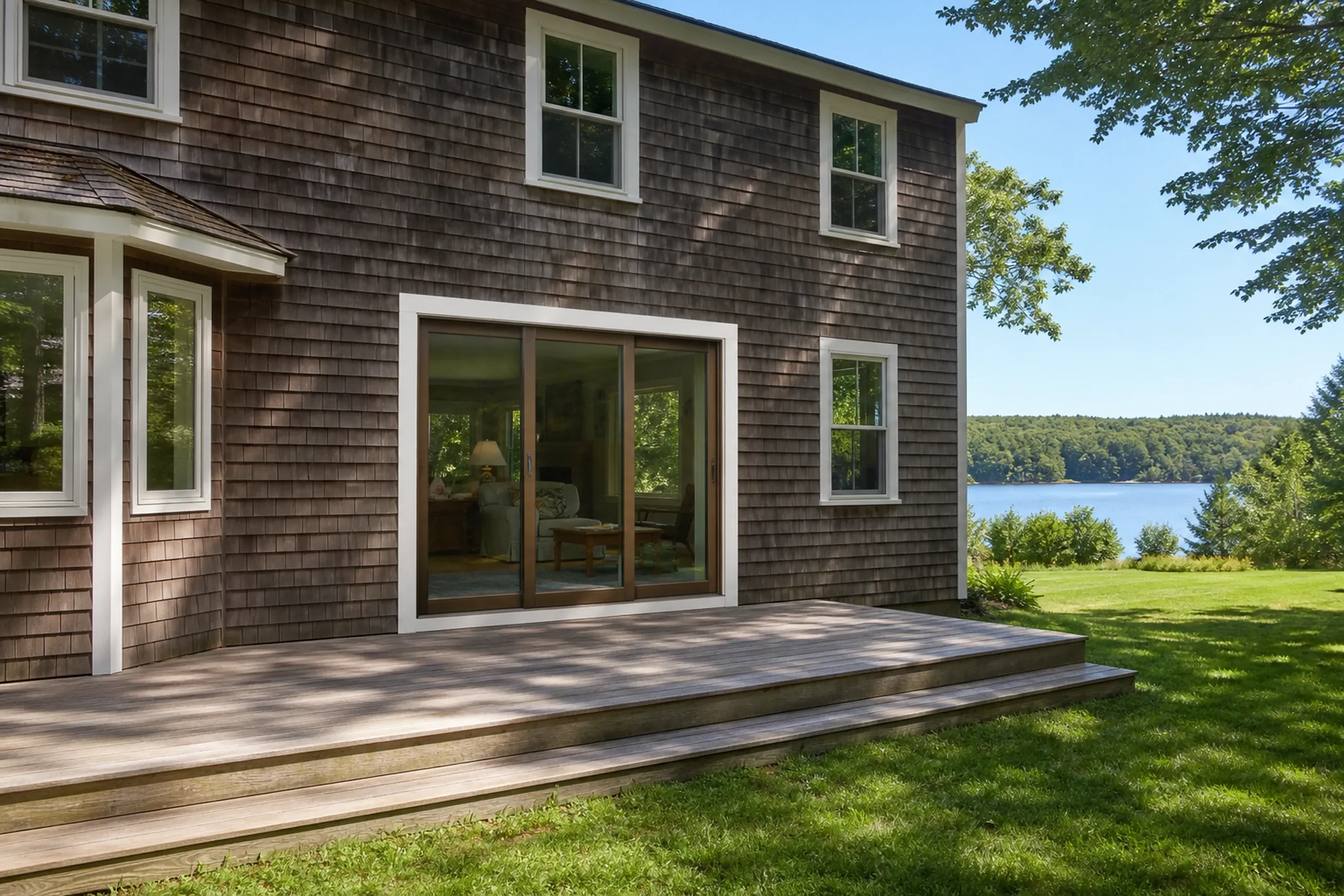 Window replacement in Lincolnville: brown cedar-shingle house with a wide sliding glass door, double-hung windows, a weathered wood deck, and a lawn leading to a lake