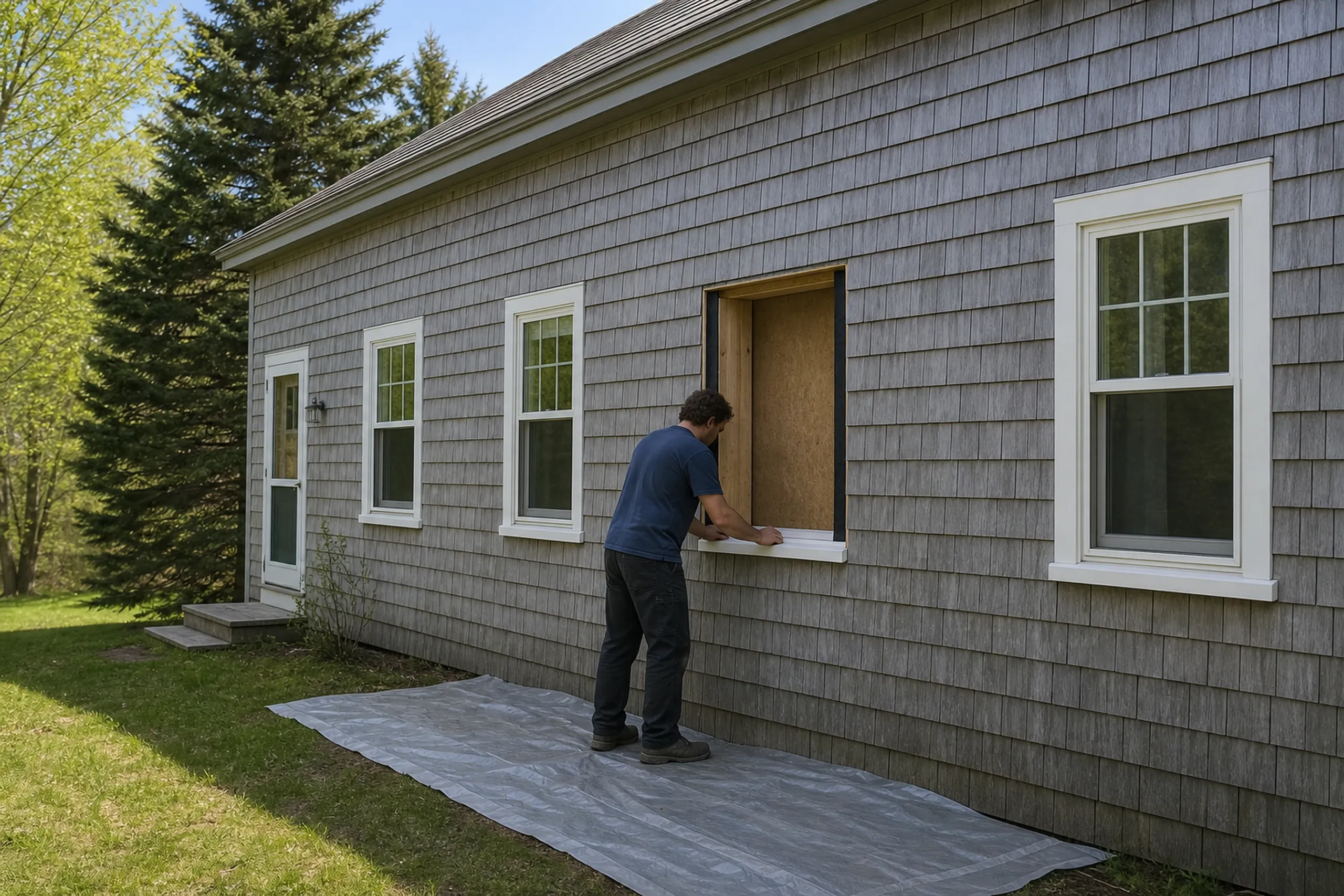 Window replacement in Lincolnville: man in a blue shirt, seen from behind, with hands on the sill of an empty window opening edged in black tape, plastic sheeting below