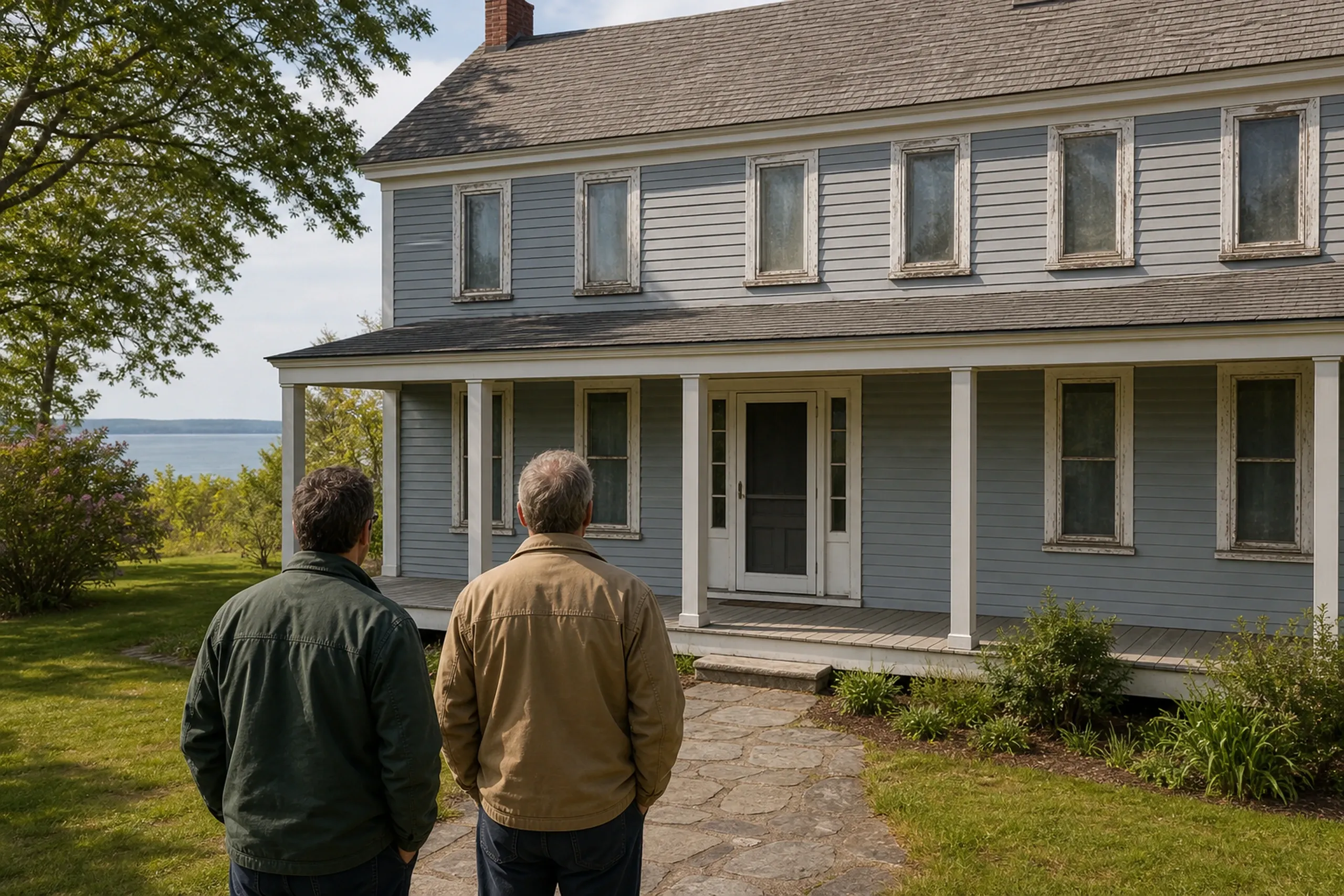 Window replacement in Lincolnville: two people seen from behind in green and tan jackets, looking at a gray two-story house with a porch, worn window trim, and water beyond
