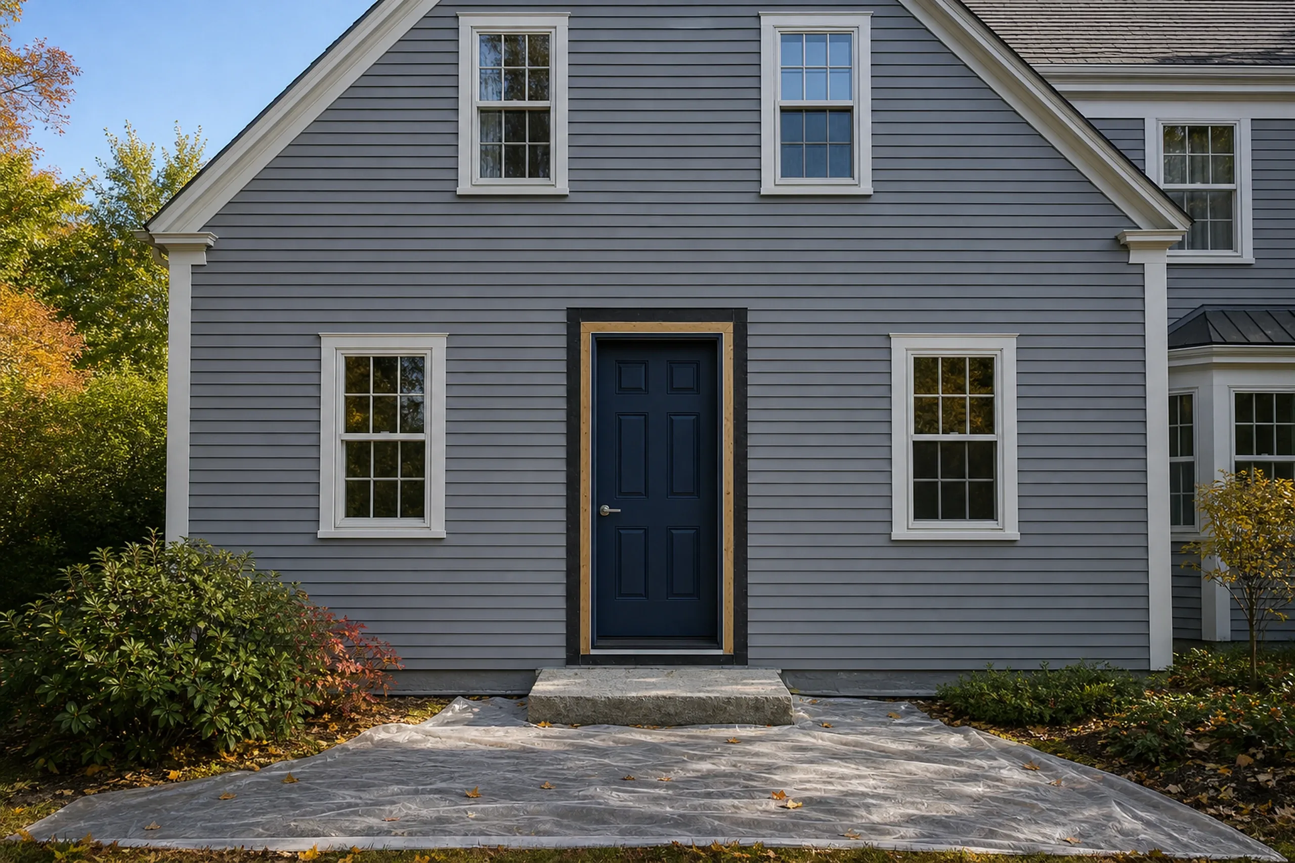 Window replacement in Lincolnville: navy door in an opening wrapped with black tape on a gray clapboard house, white-trimmed windows, a granite step, and plastic sheeting