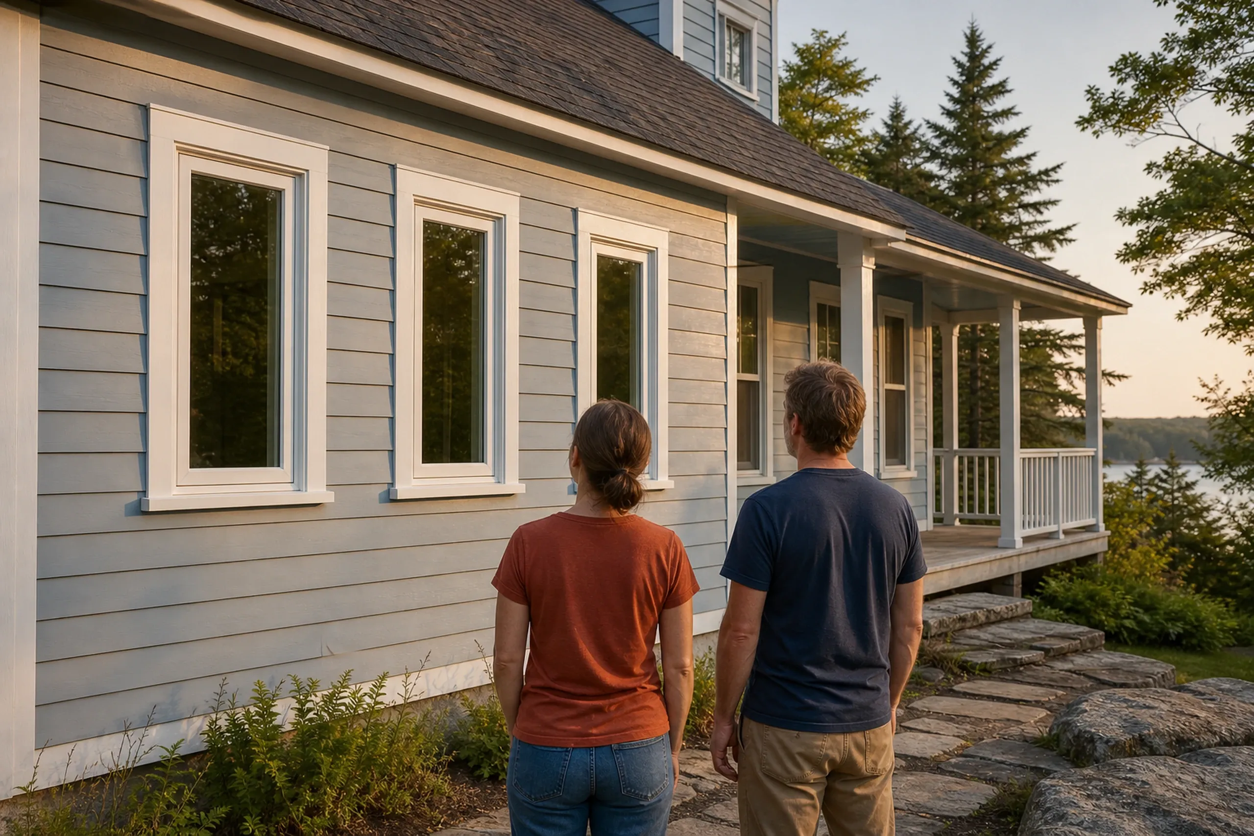 Window replacement in Lincolnville: two people seen from behind, in orange and navy shirts, looking at three tall white-framed windows on a gray clapboard house with a porch
