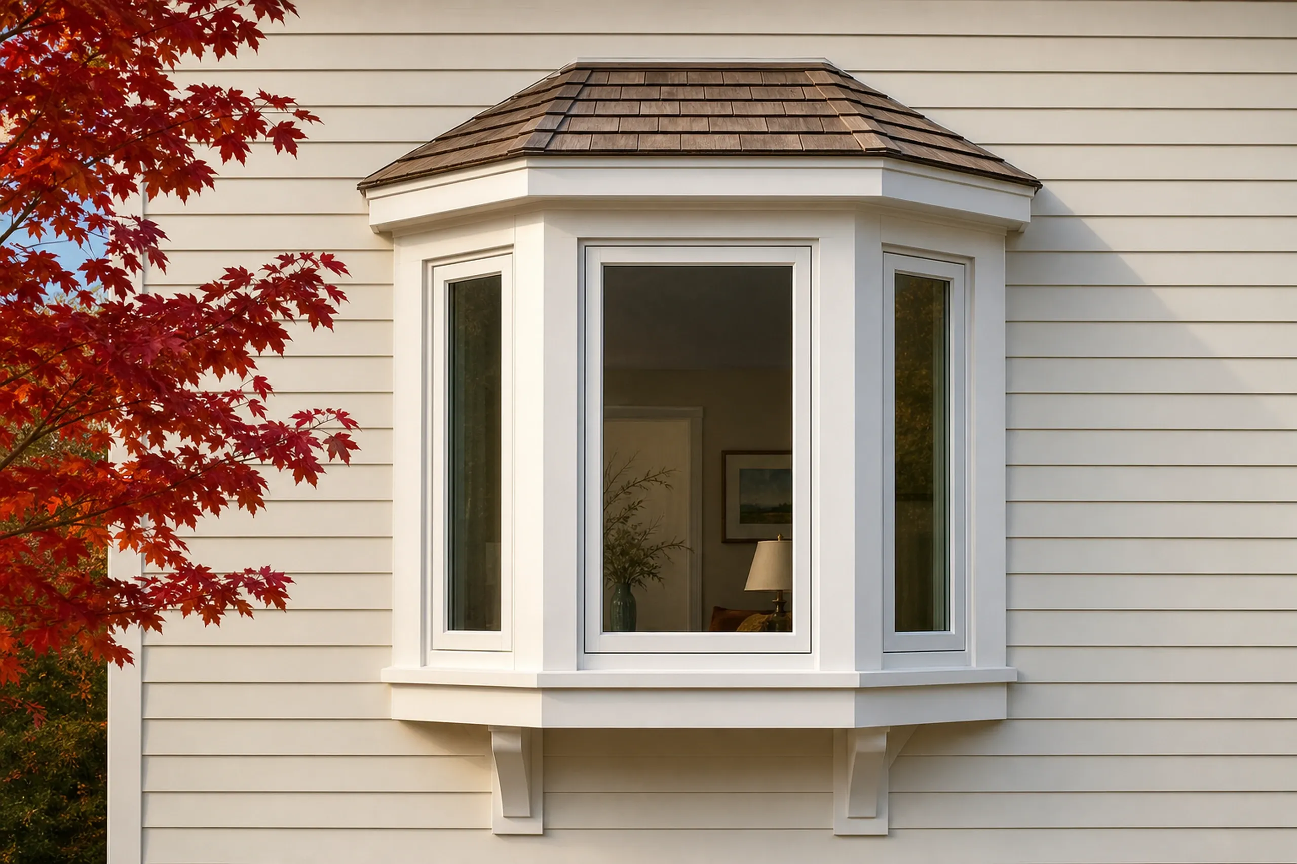 Window replacement in Lincolnville: cream clapboard wall with a white three-part bay window under a shingled hip roof, two brackets below, and red maple leaves in autumn