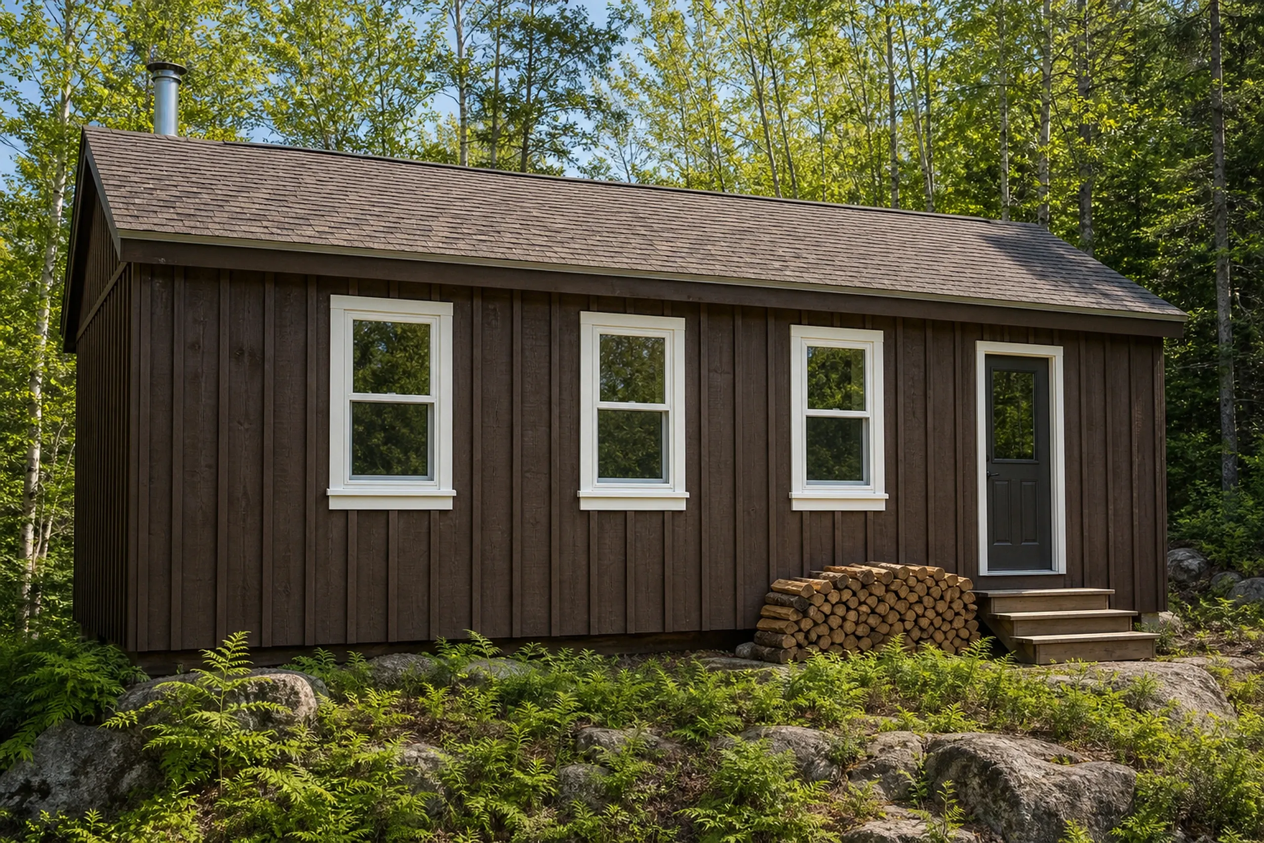 Window replacement in Lincolnville: small dark brown board-and-batten cabin with three one-over-one windows, a gray door, a stovepipe, a woodpile, and ferns among rocks